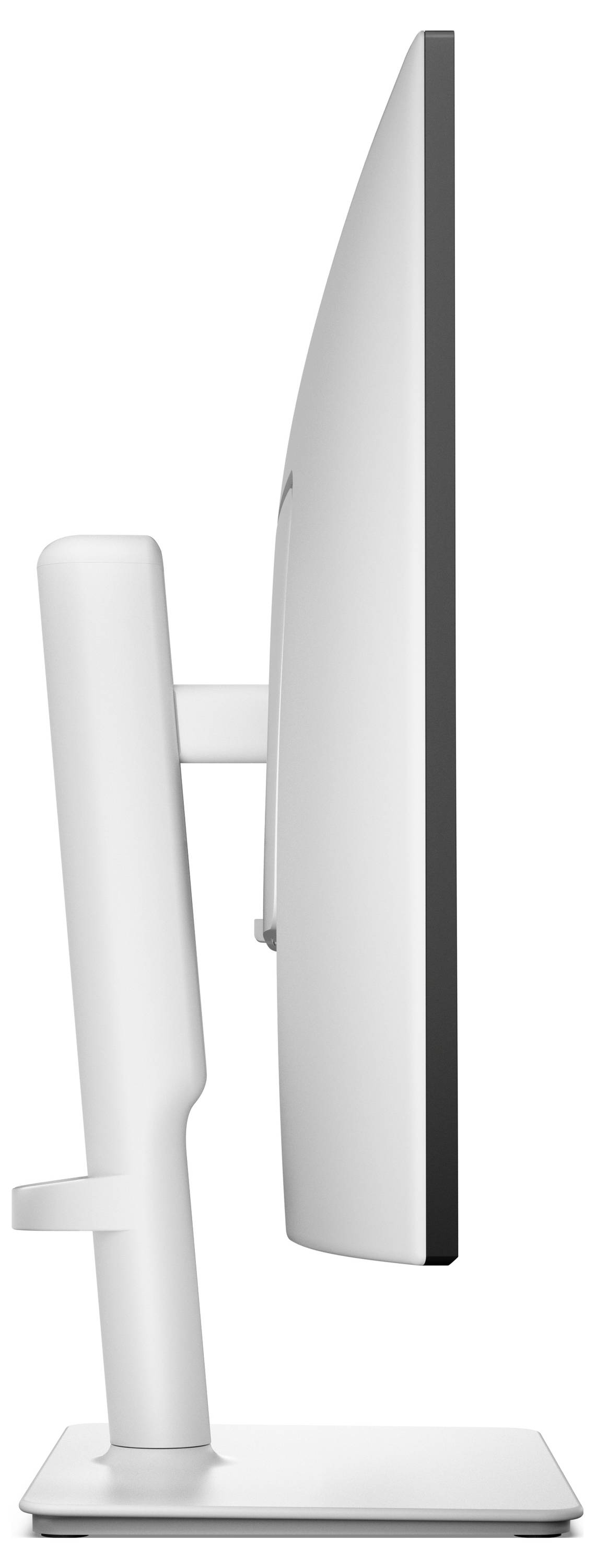 Boční pohled na tenký, moderní počítačový monitor s elegantním bílým stojanem a podstavcem, který zdůrazňuje jeho štíhlý profil a minimalistický design.