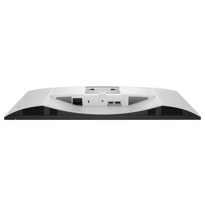 Zadní pohled na počítačový monitor zobrazující porty napájení a vstupu, včetně dvou portů USB, na prostém pozadí.
