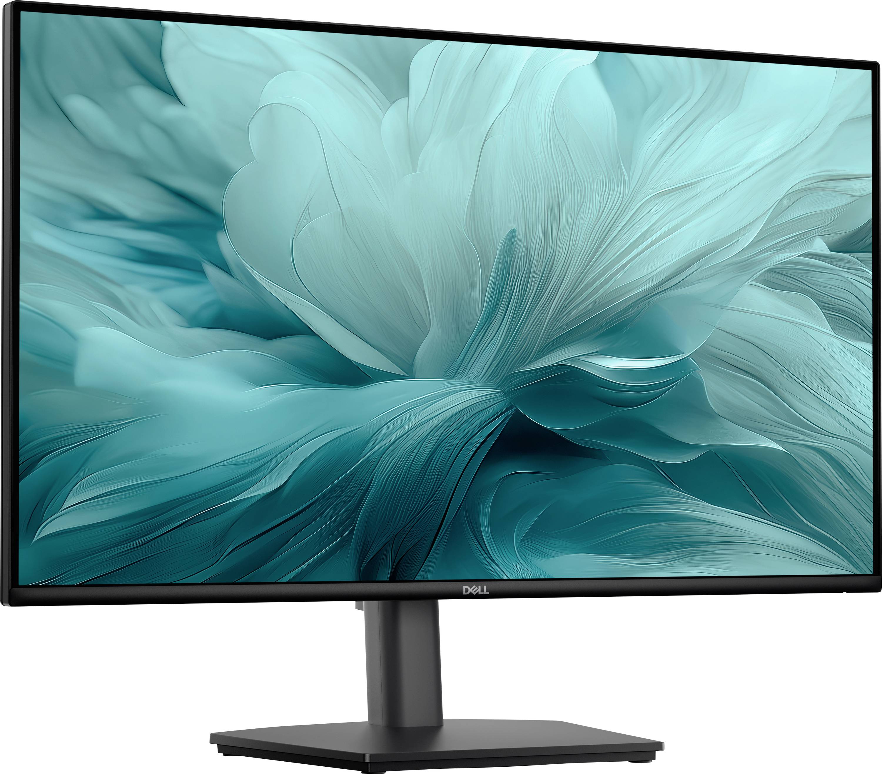 Moderní počítačový monitor Dell zobrazující abstraktní tyrkysový květin s detailními okvětními lístky na obrazovce.