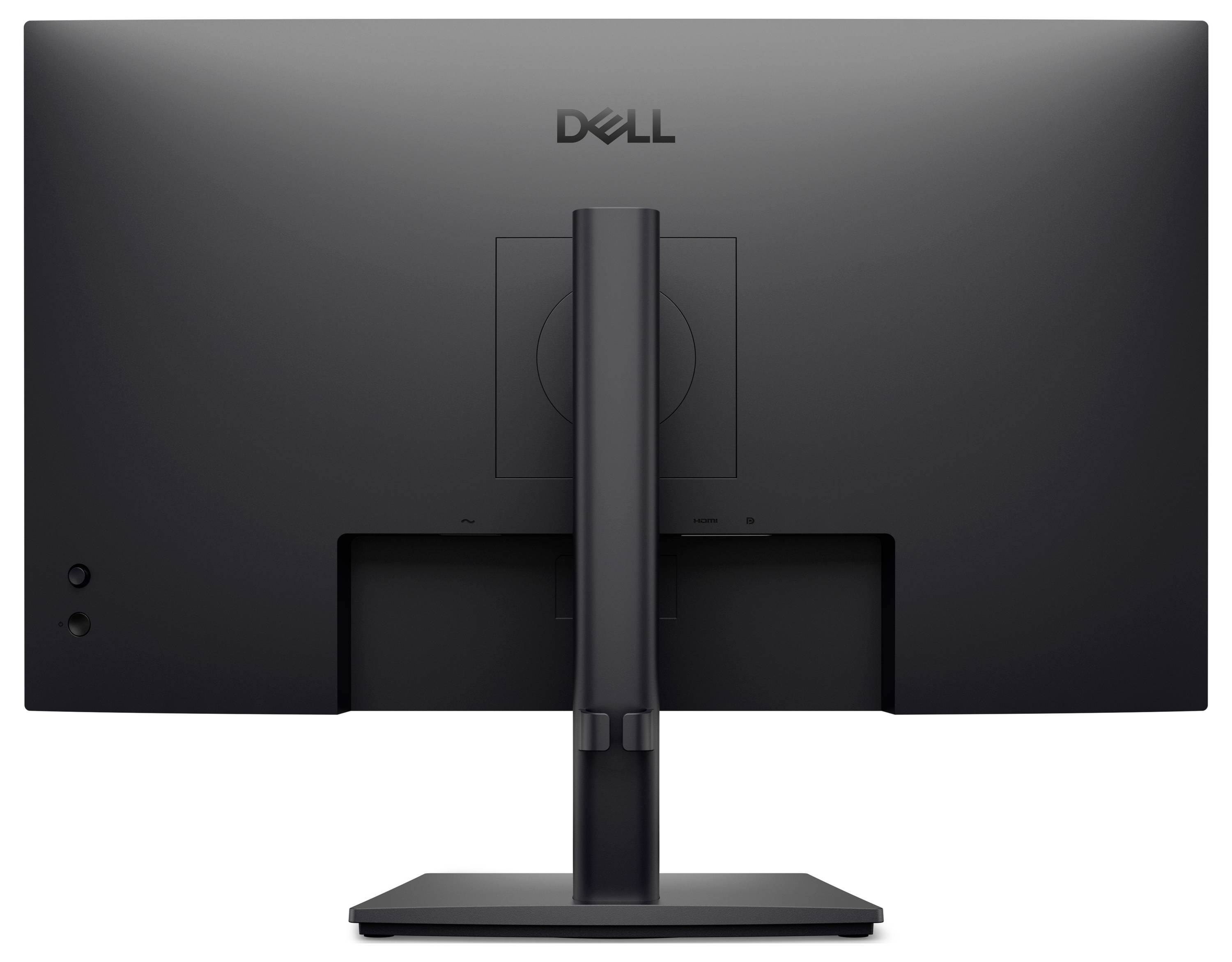 Černý monitor od značky Dell pohledaný zezadu, ukazující jednoduchou podstavu a logo Dell výše.