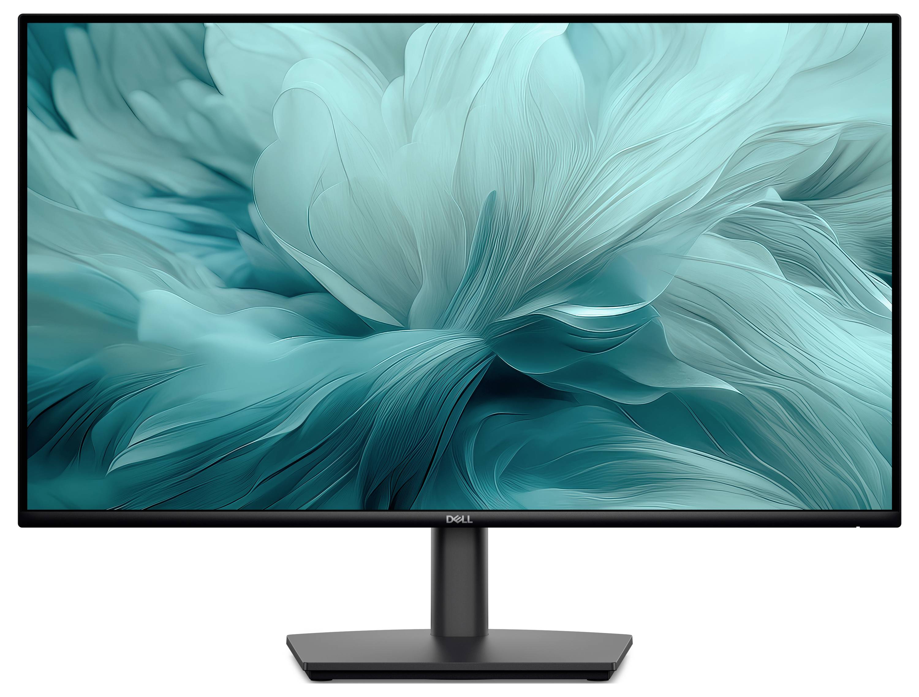 Počítačový monitor zobrazující abstraktní design připomínající peří v teálové a zelené barvě, demonstrující živé barevné schopnosti obrazovky.