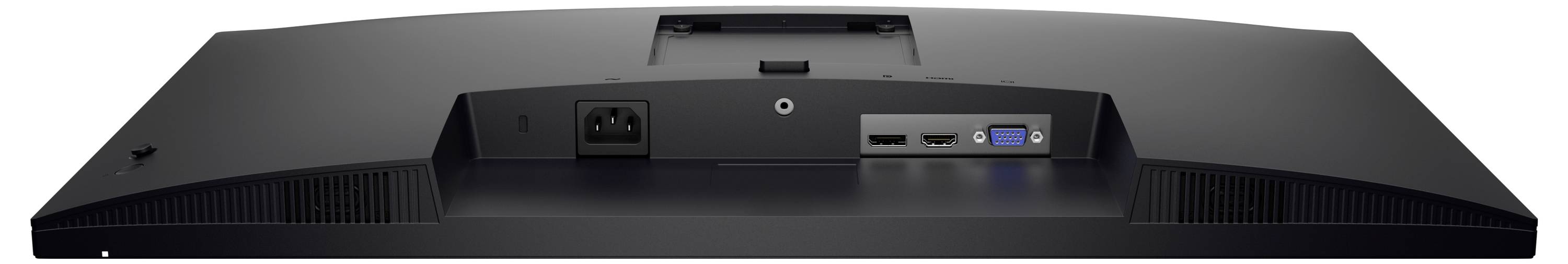 Zadní pohled na monitor zobrazující zásuvku napájení, audio port, HDMI a DisplayPort konektory na dolním panelu.