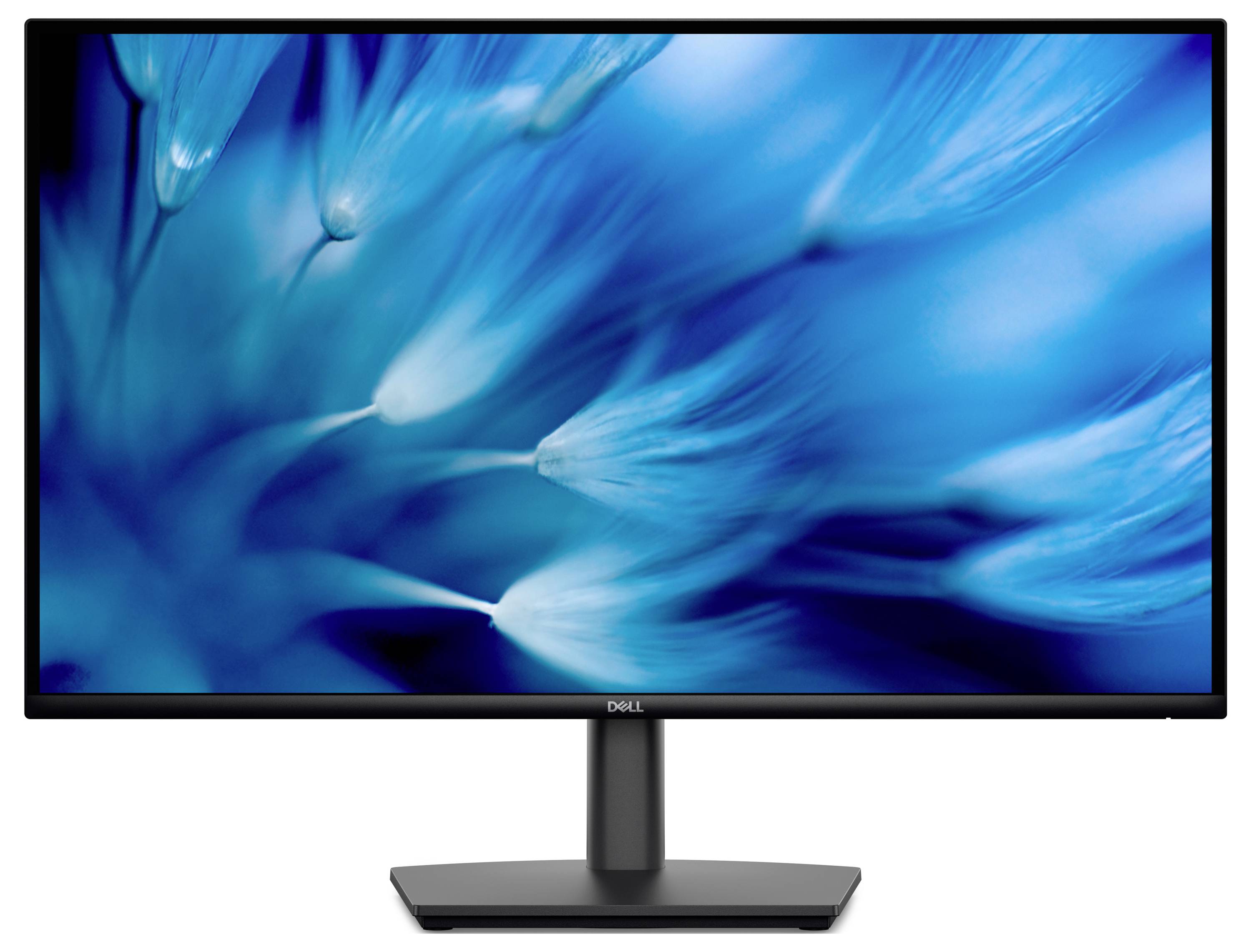Monitor Dell s živou modrou abstraktní vzorem na obrazovce, obsahující rozmazané tvary podobné peříčkům.