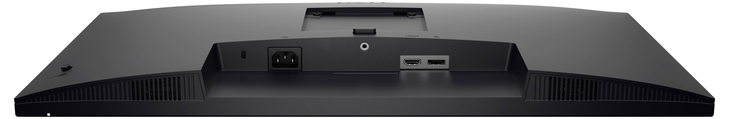 Zadní strana počítačového monitoru s porty napájení a HDMI, větrací otvory na stranách a montážní konzolí v horní části.