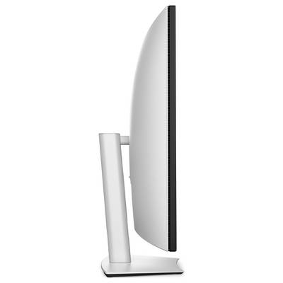 Boční pohled na moderní počítačový monitor s tenkou konstrukcí a zakřiveným designem, který vykazuje elegantní a minimalistický vzhled.