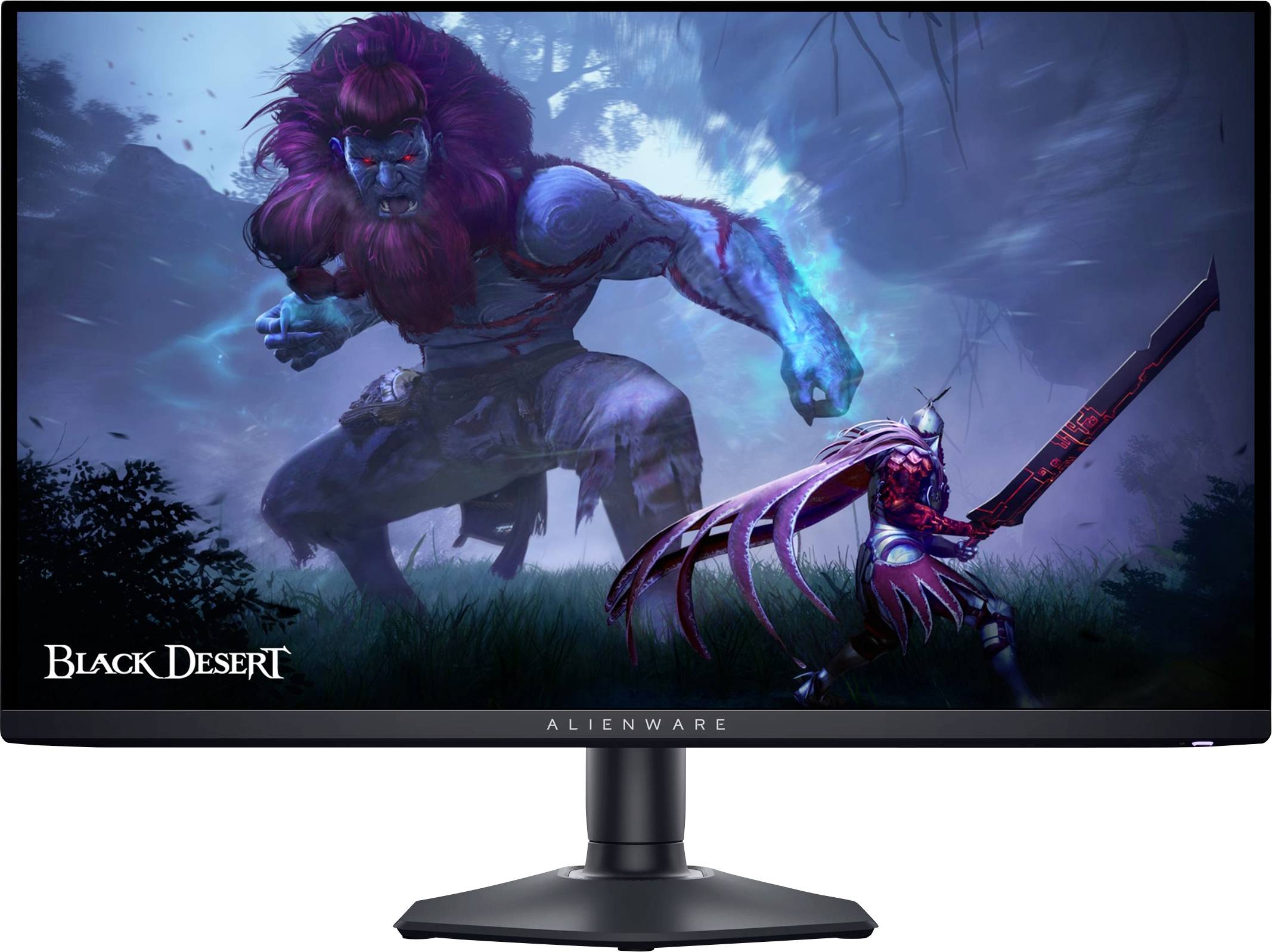 Grafika ze hry "Black Desert" na monitoru Alienware zobrazující obřího, zářícího modrého tvora čelícího válečníkovi s velkým mečem.