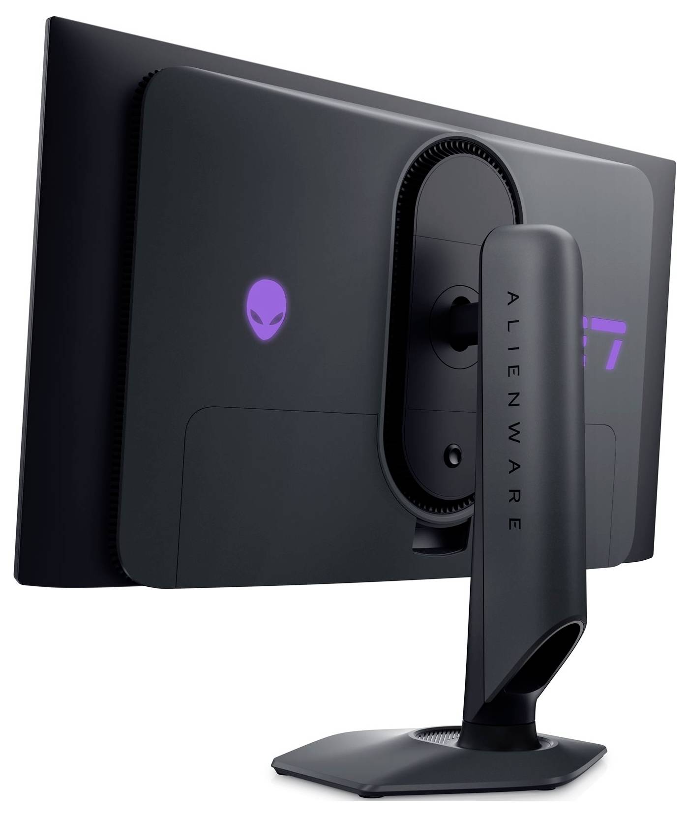 Elegantní černý herní monitor Alienware se stojanem, na zadní straně s jasně zářícím purpurovým logem mimozemšťana, navržený pro vysoce výkonné hraní.
