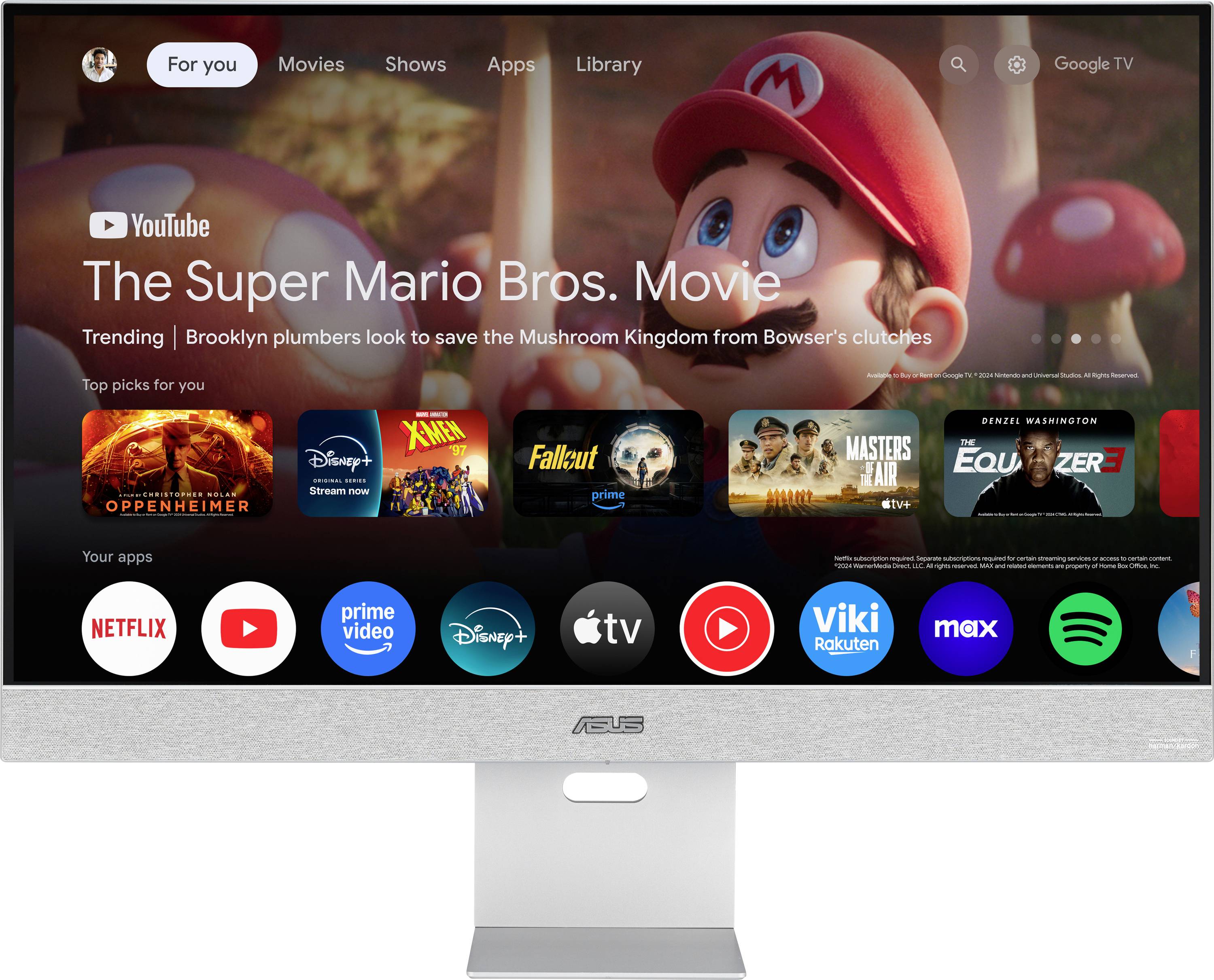 Plakát „Super Mario Bros. Movie" na obrazovce chytrého televize se streamovacími aplikacemi níže, včetně Netflix a Prime Video.