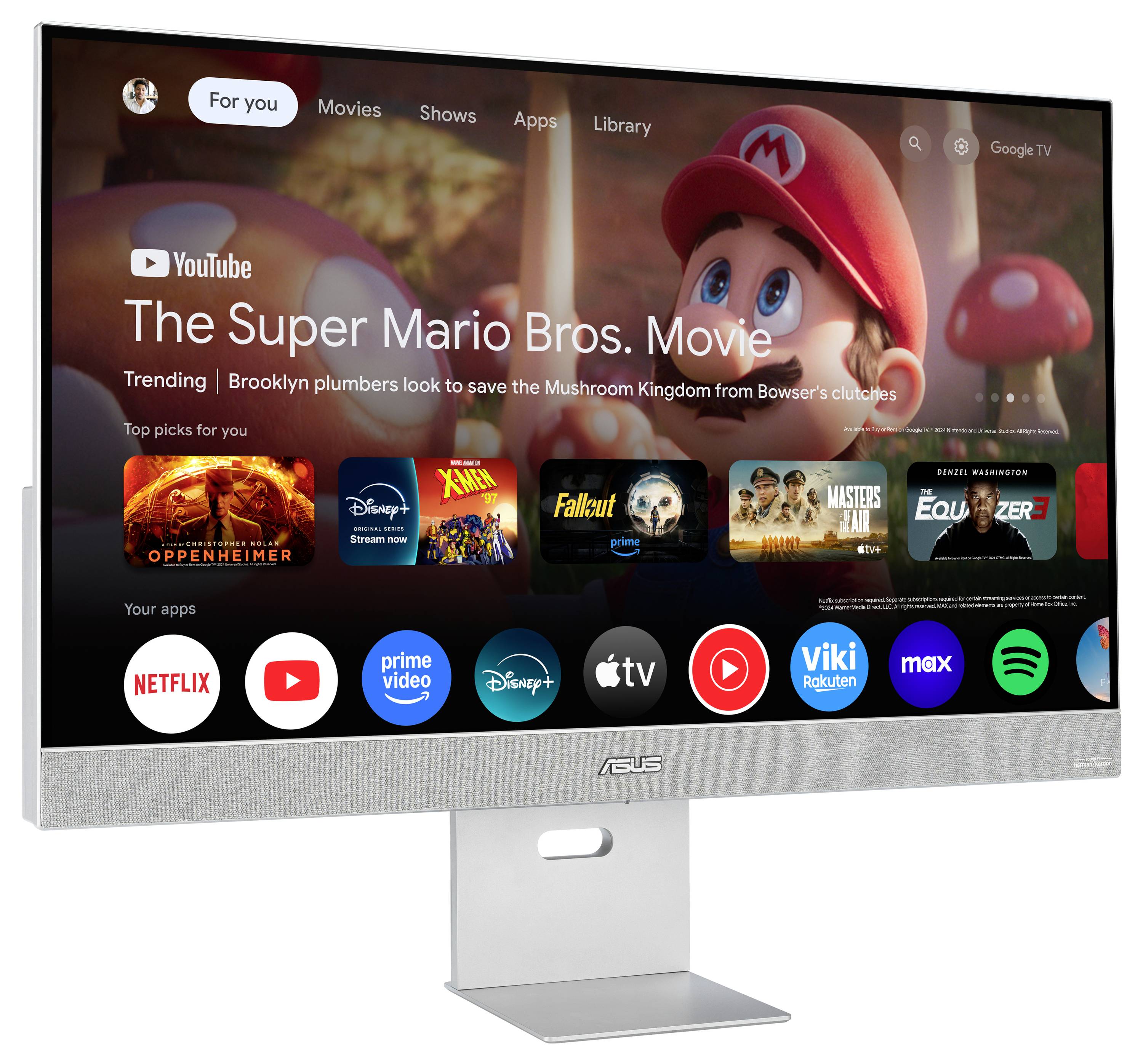 Obrazovka počítače zobrazující rozhraní chytrého TV s filmem "Super Mario Bros. film" v hlavní roli a různými aplikacemi pro streamování níže, jako jsou Netflix a YouTube.