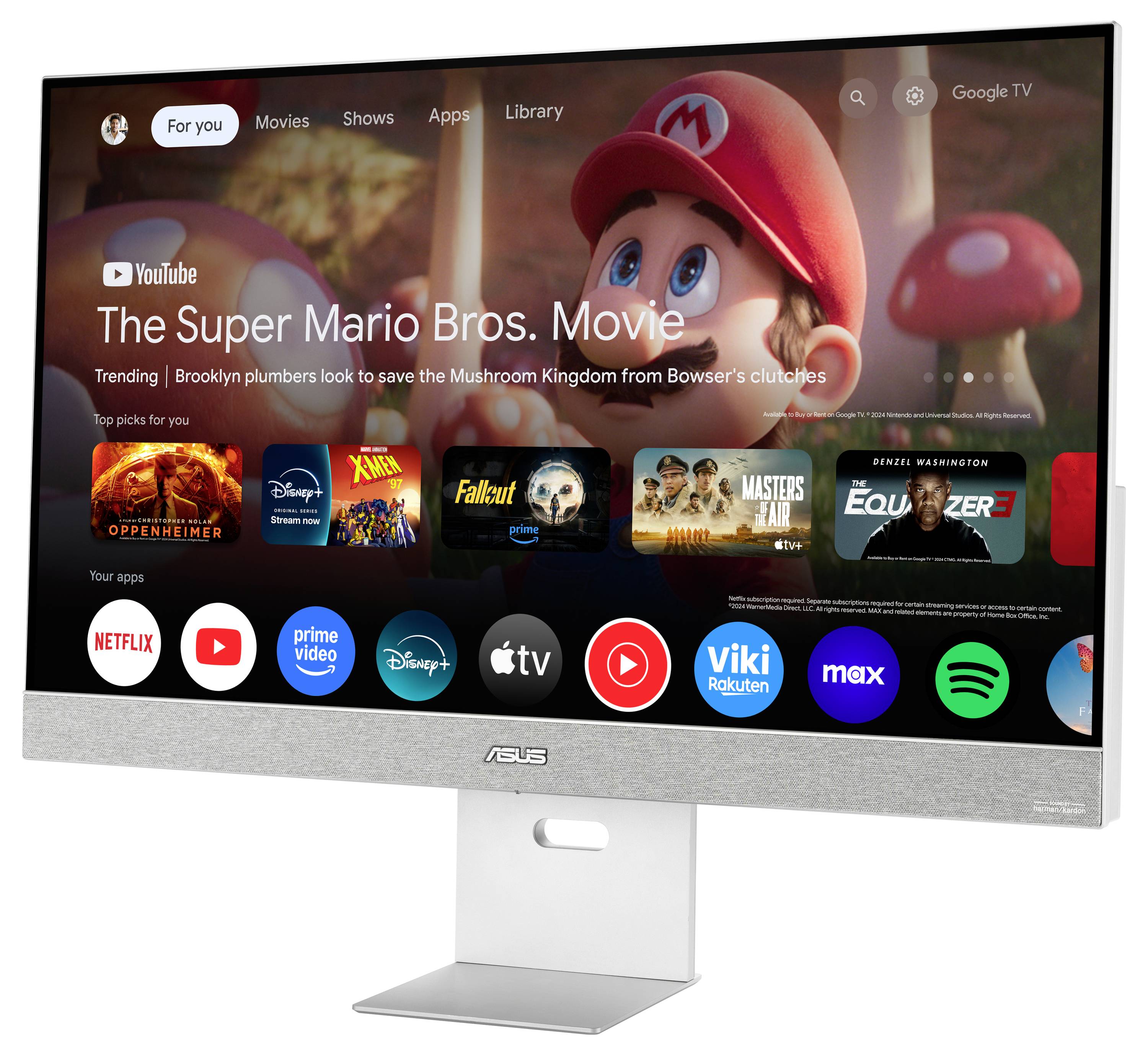 "Super Mario Bros. Film" zvýrazněný na obrazovce televize, která ukazuje streamovací platformy jako Netflix, Prime Video a YouTube.