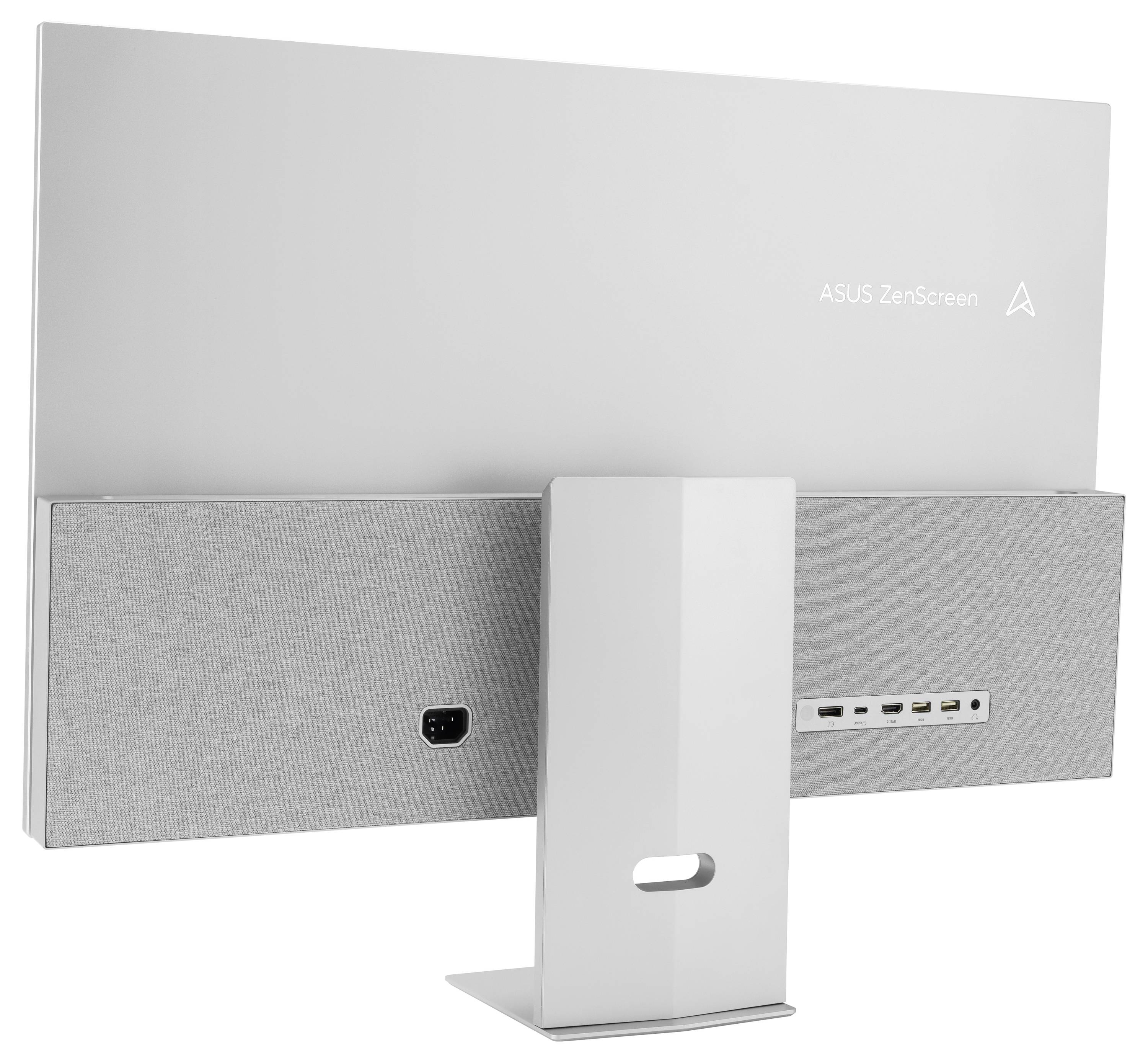 Obrázek ukazuje zadní pohled na monitor ASUS ZenScreen se stojanem, odhalující porty a strukturovaný panel.