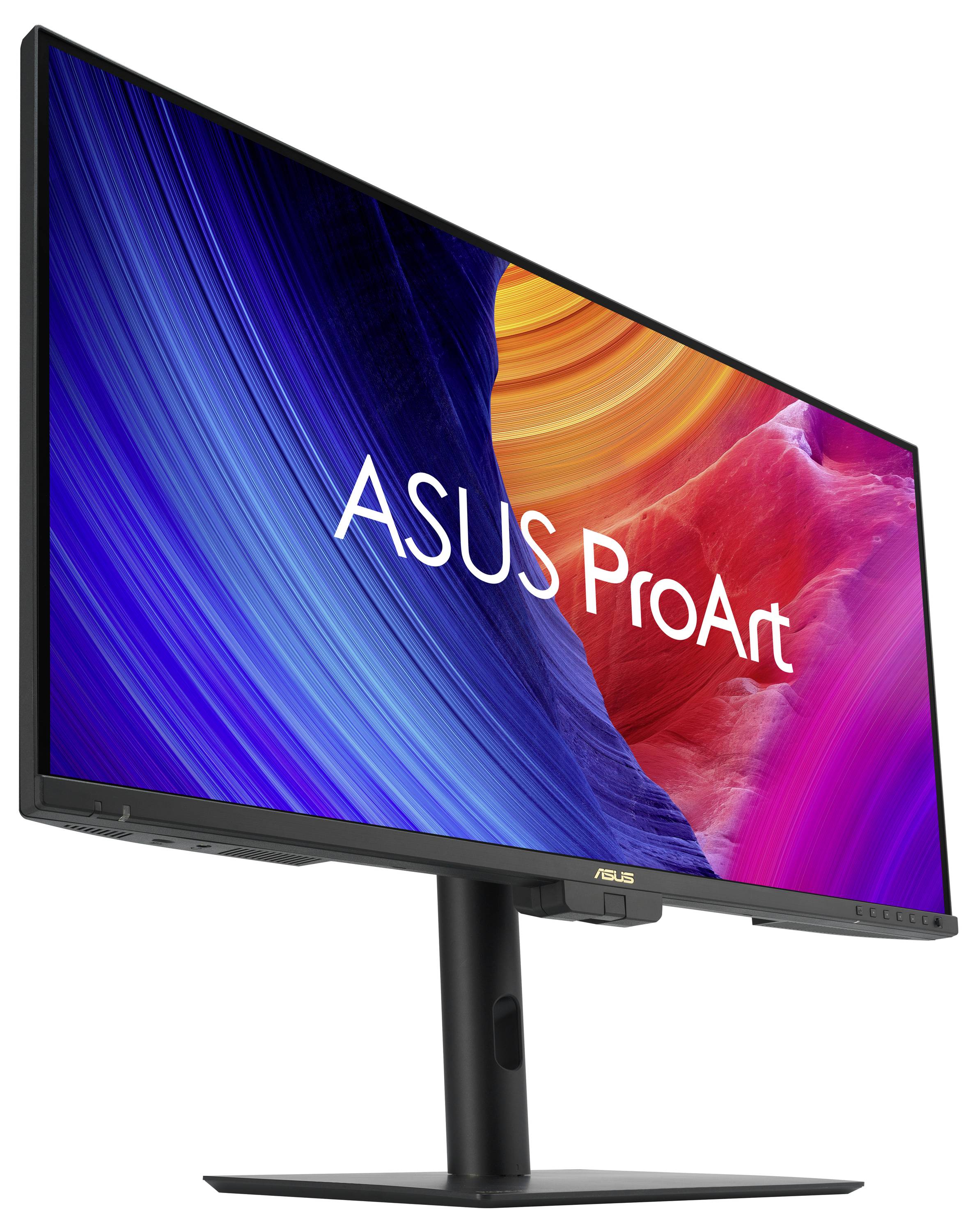 Monitor počítače zobrazující logo 'ASUS ProArt' na živým, vícebarevném abstraktním pozadí, ukazující elegantní, moderní design.