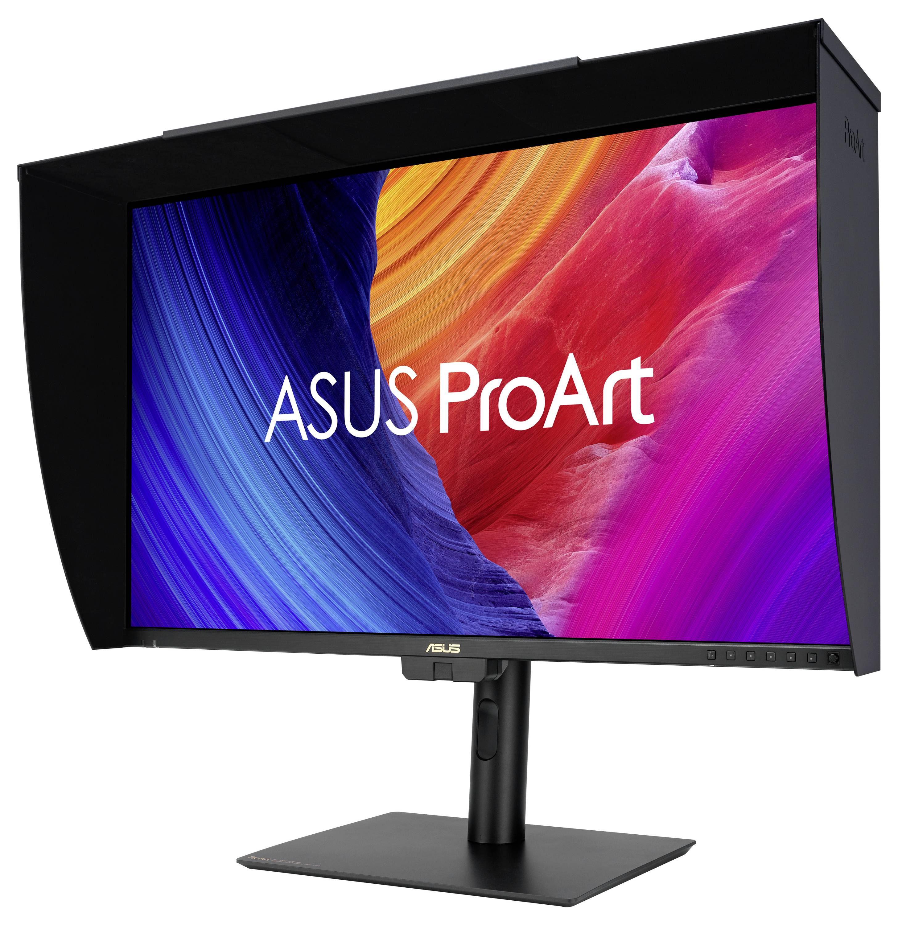 ASUS ProArt monitor s živým, barevným displejem obsahujícím vířící abstraktní vzory v modré, oranžové a růžové barvě.