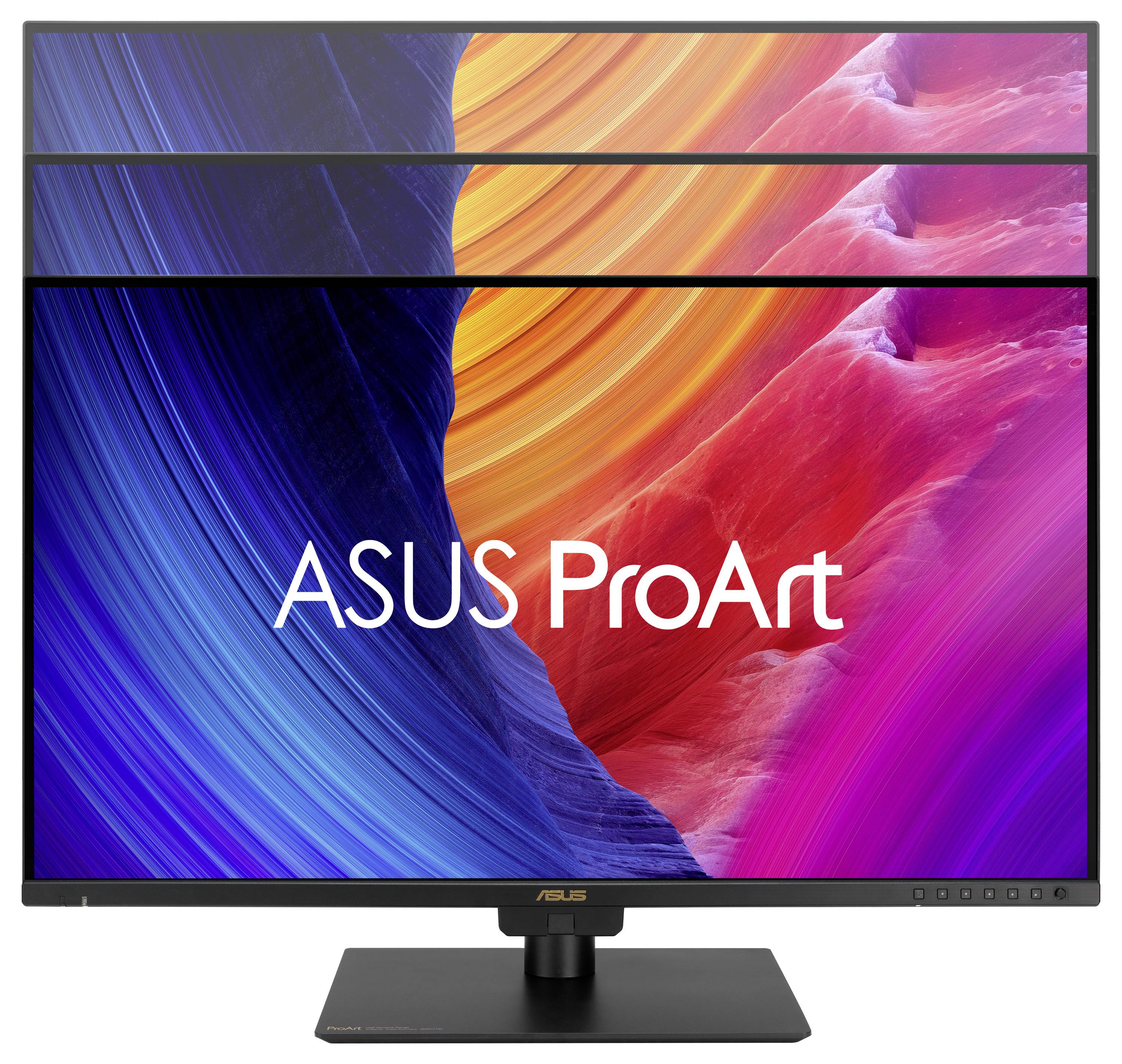 ASUS ProArt monitor zobrazující živé, abstraktní pozadí s vířícími barvami v modrých, žlutých a růžových tónech.