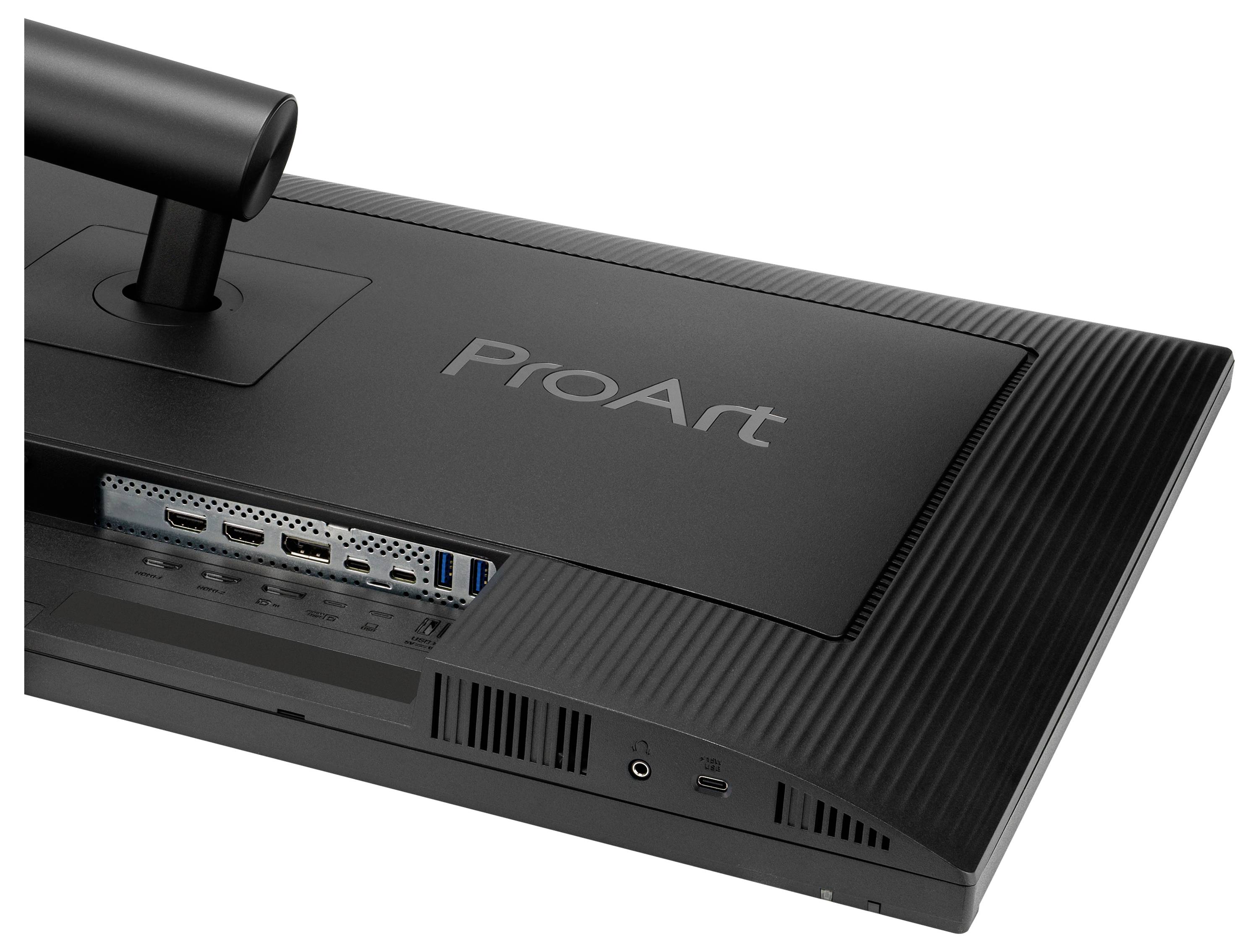 Obrázek ukazuje zadní pohled na počítačový monitor ProArt s různými vstupními porty včetně HDMI a USB, s elegantním designem.