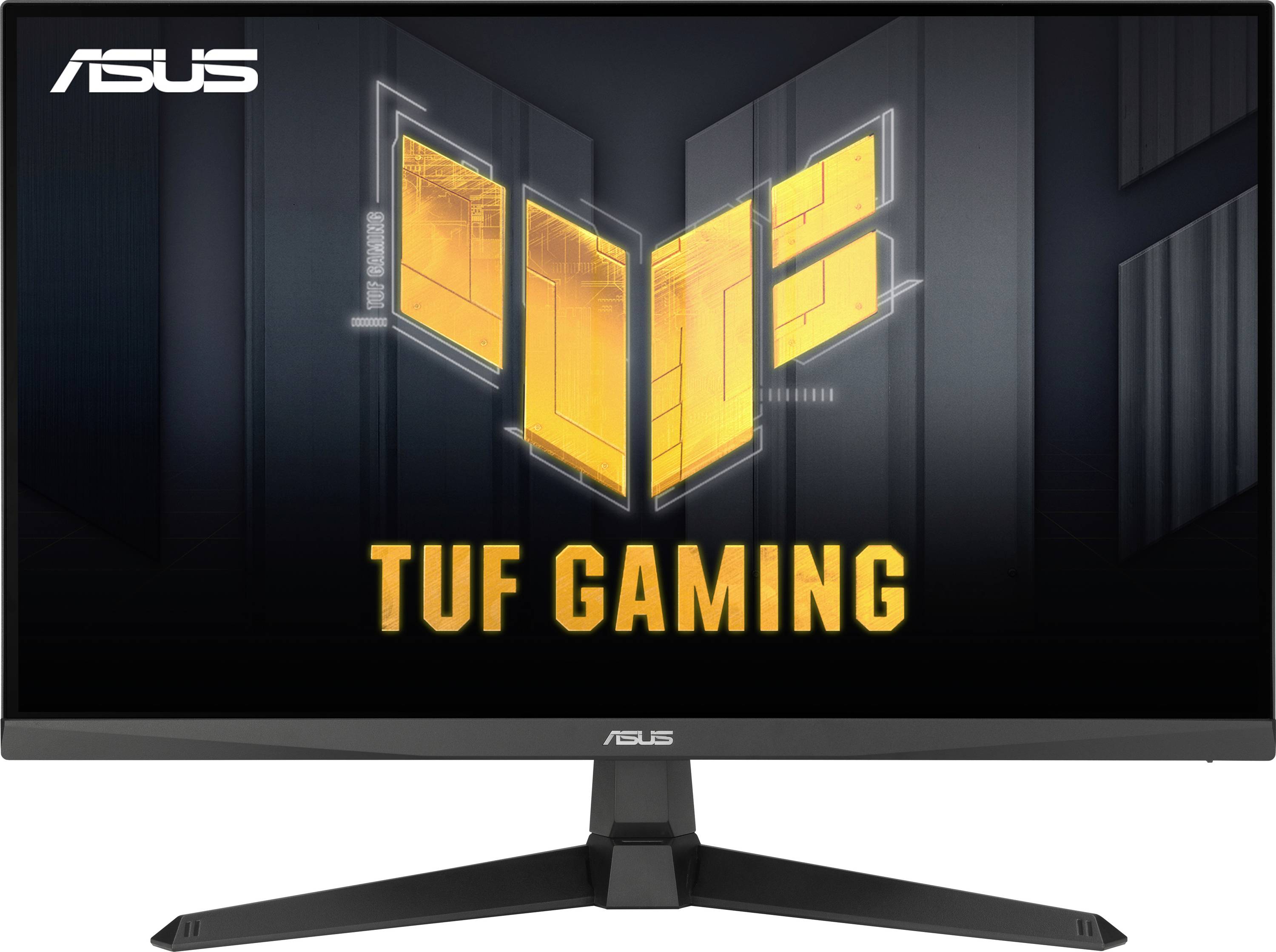 ASUS TUF herní monitor s šestiúhelníkovým oranžovým logem a textem na obrazovce.