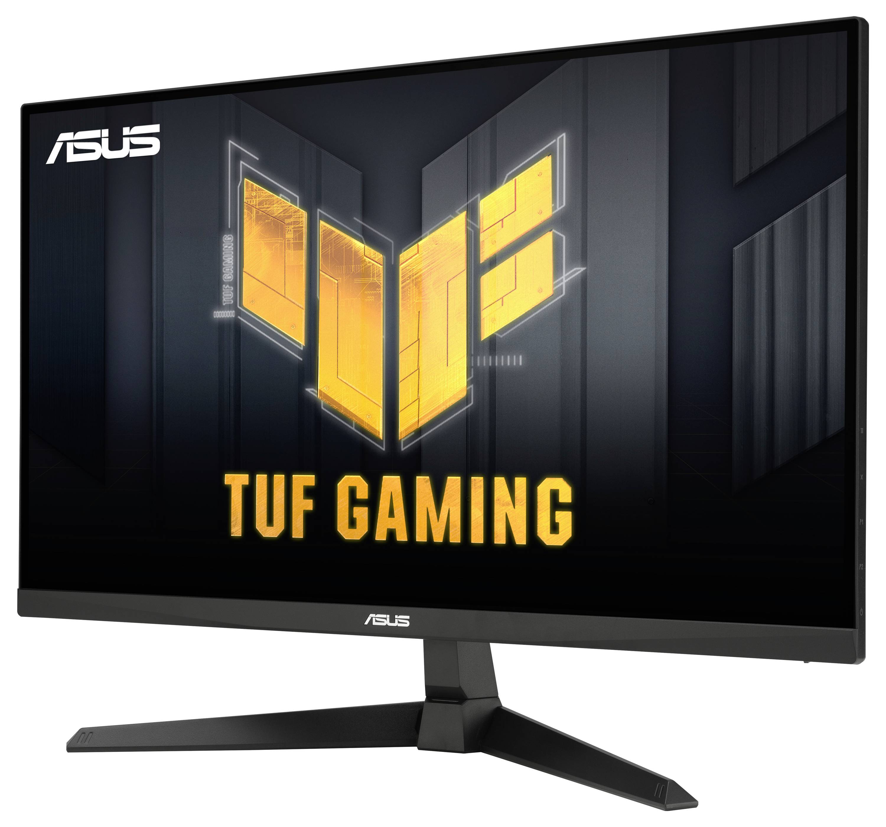 Herní monitor zobrazující logo ASUS TUF Gaming na své obrazovce, s elegantním, moderním designem a robustním stojanem.