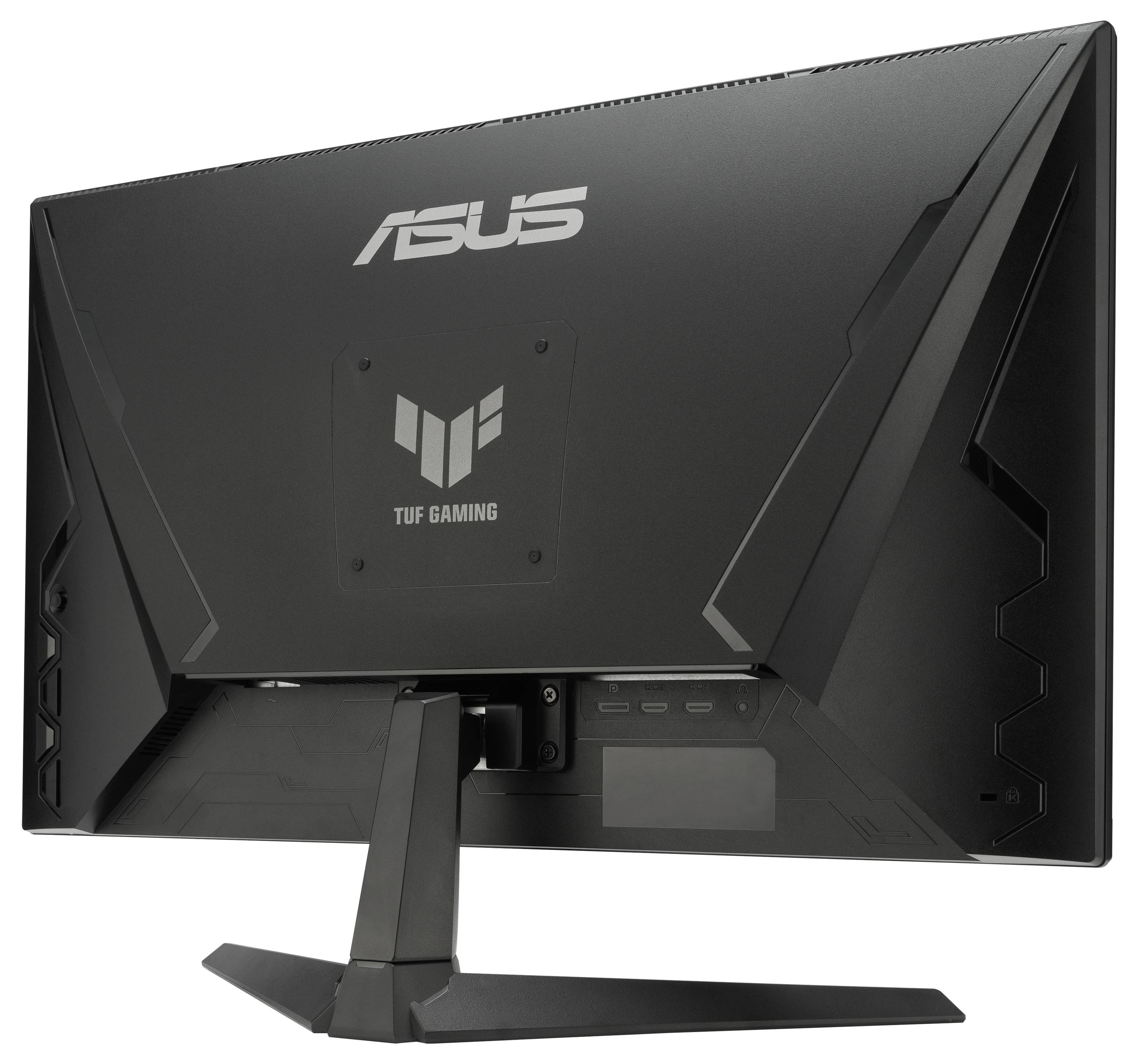 Zadní pohled na černý herní monitor ASUS TUF na stojanu, zobrazující hranatý design a logo.