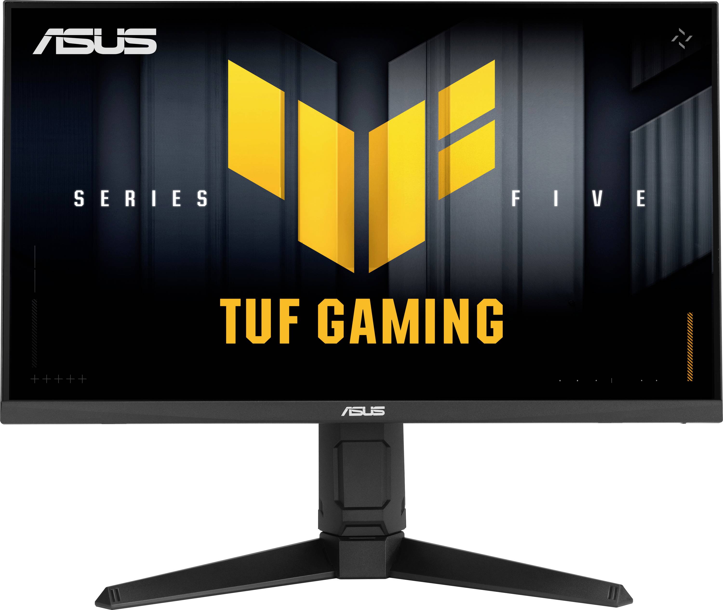 Monitor řady 'ASUS TUF Gaming Series Five' s logem na obrazovce, umístěný na tmavém pozadí, zdůrazňující elegantní design.