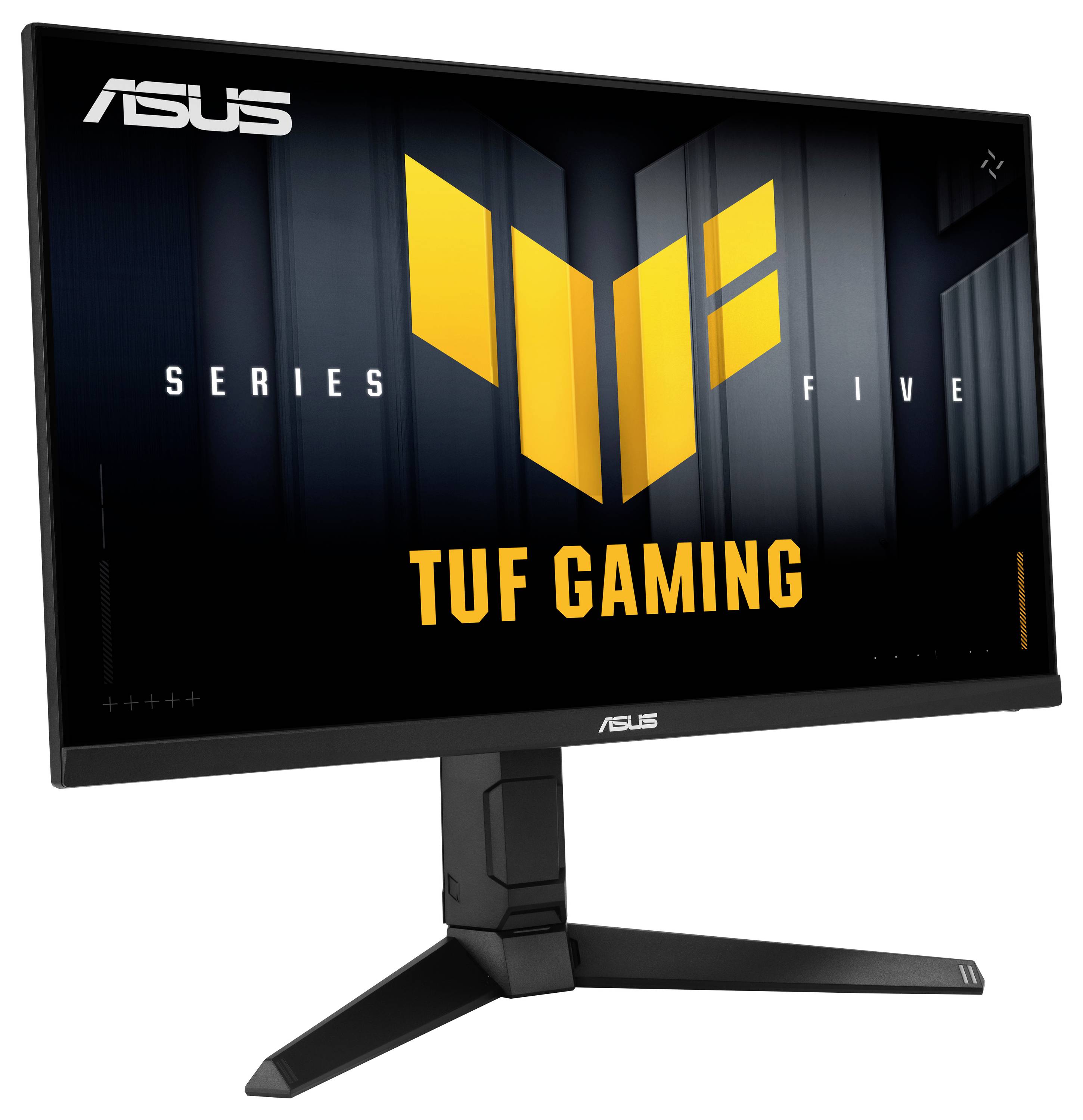 Monitor 'TUF Gaming' s odlišným žlutým logem, označený 'Series Five,' na elegantním černém stojanu.