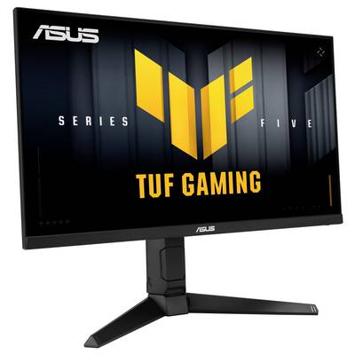 Monitor 'TUF Gaming' s odlišným žlutým logem, označený 'Series Five,' na elegantním černém stojanu.
