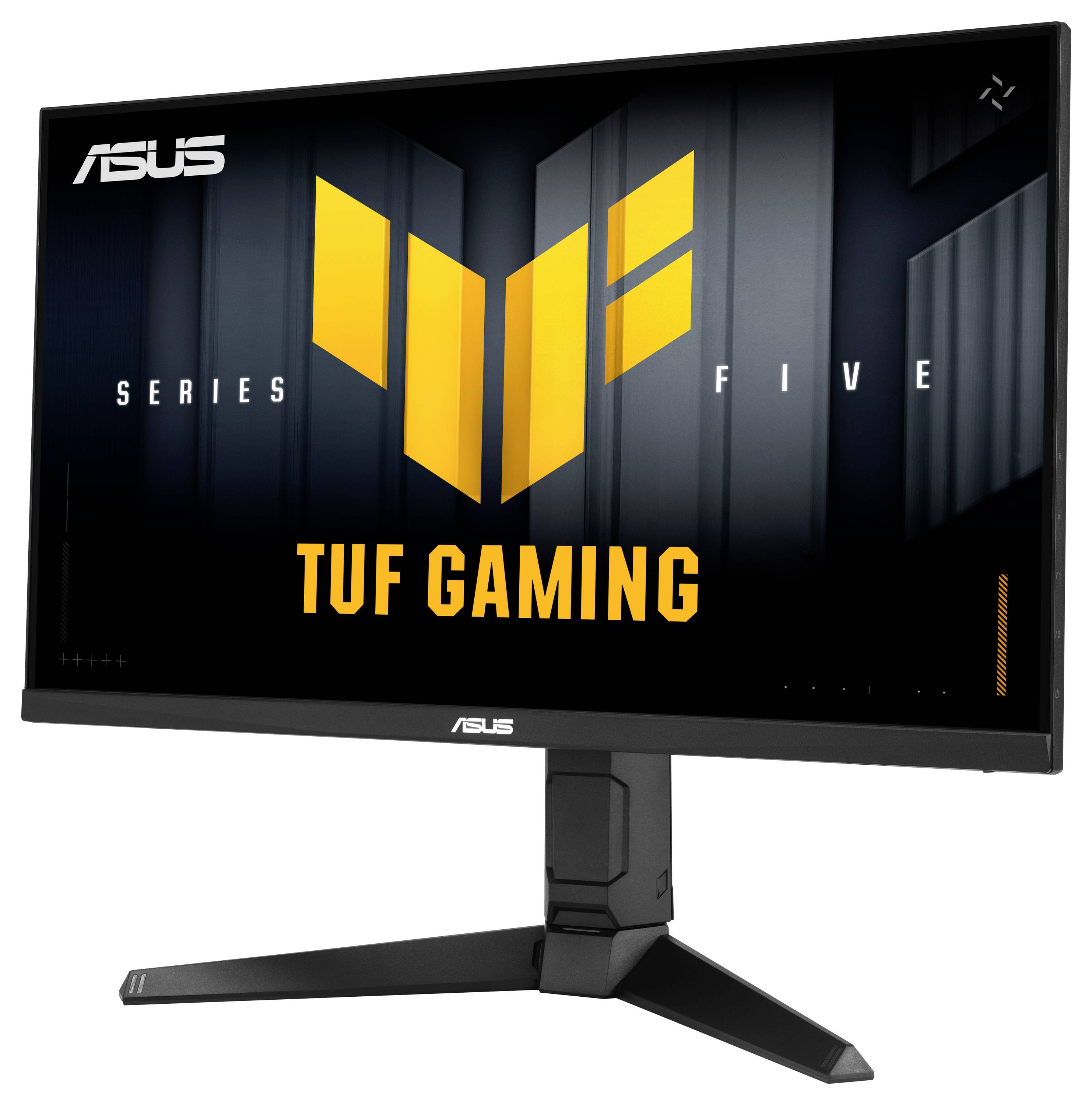 Herní monitor zobrazující logo "TUF Gaming Series Five" od společnosti ASUS, s elegantním stojanem a moderním designem.