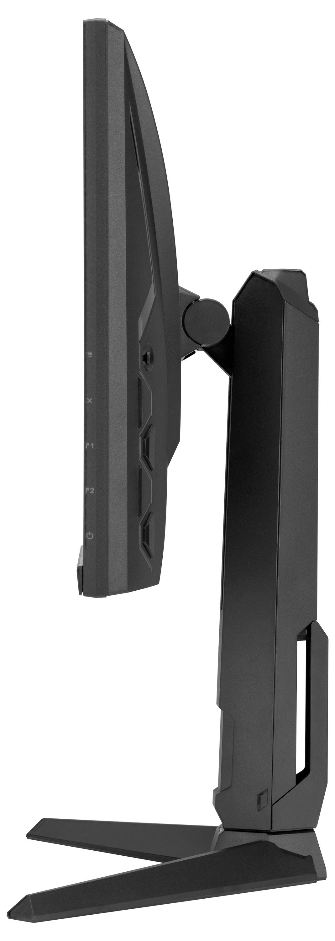 Elegantní černý počítačový monitor v bočním pohledu, prezentující jeho štíhlý profil a úhlový design stojanu.