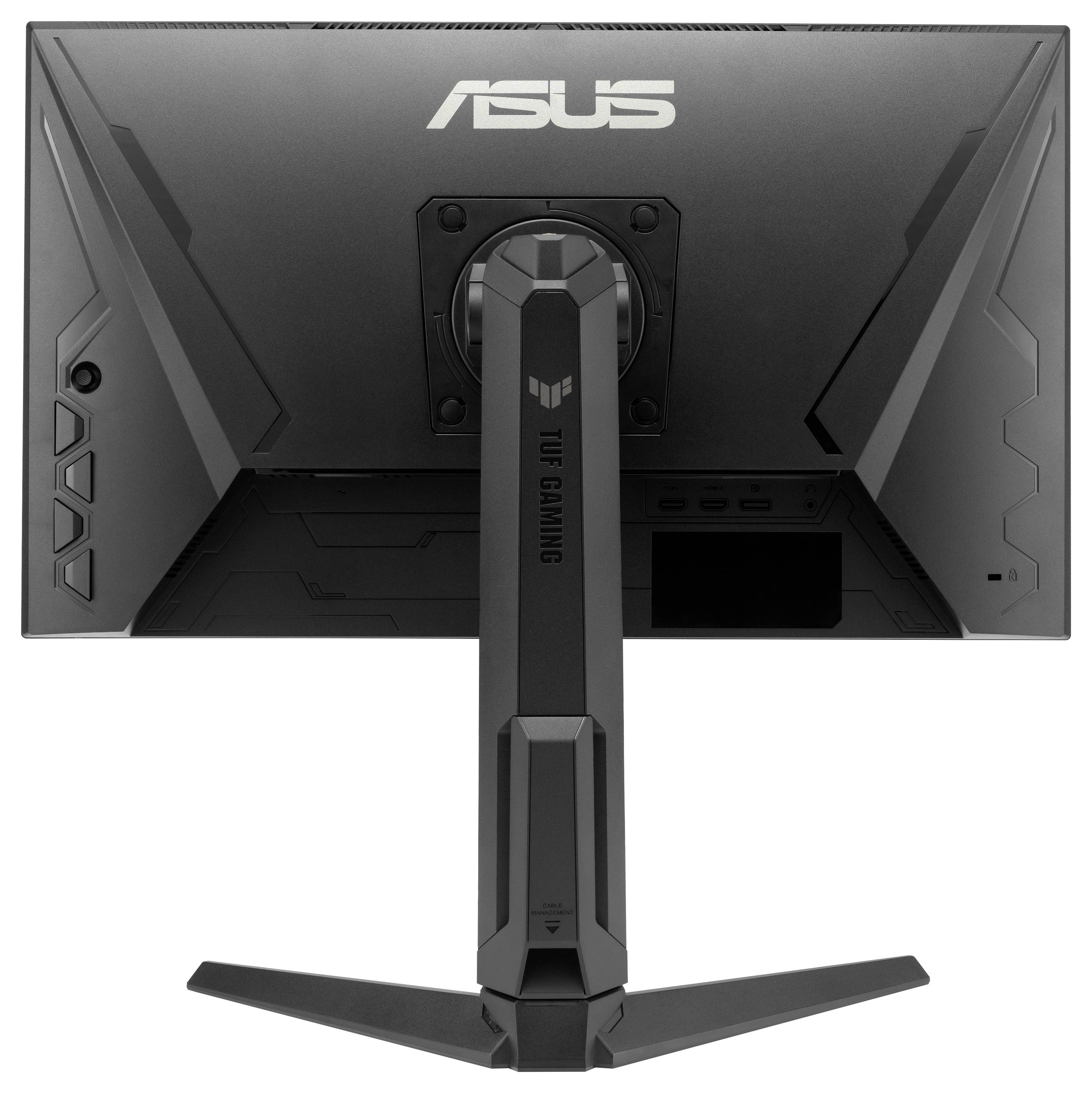 Zadní pohled na herní monitor ASUS TUF Gaming s viditelným stojanem, úhlovým designem a konektory na zadní straně.