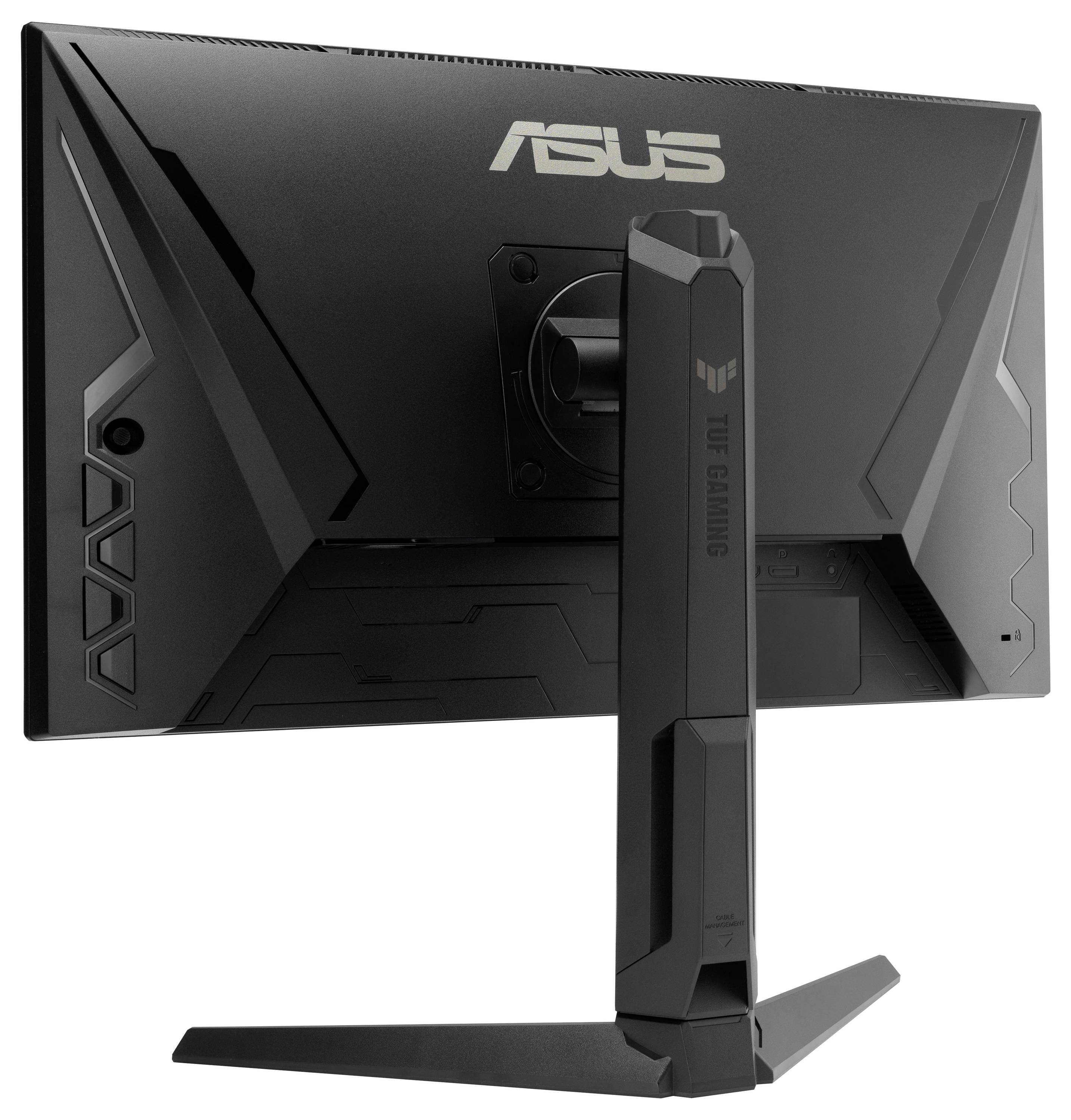 Černý herní monitor ASUS fotografovaný zezadu, s podstavcem obsahujícím text "TUF Gaming", který prezentuje design a značení monitoru.