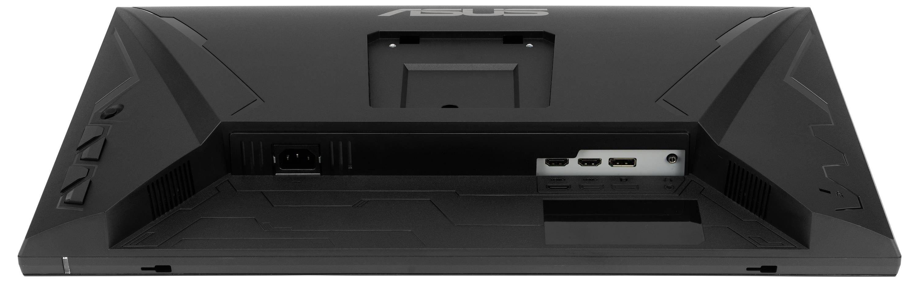 Obrázek ukazuje zadní panel monitoru s jeho napájecím portem a porty HDMI, spolu s logem značky v horním středu.
