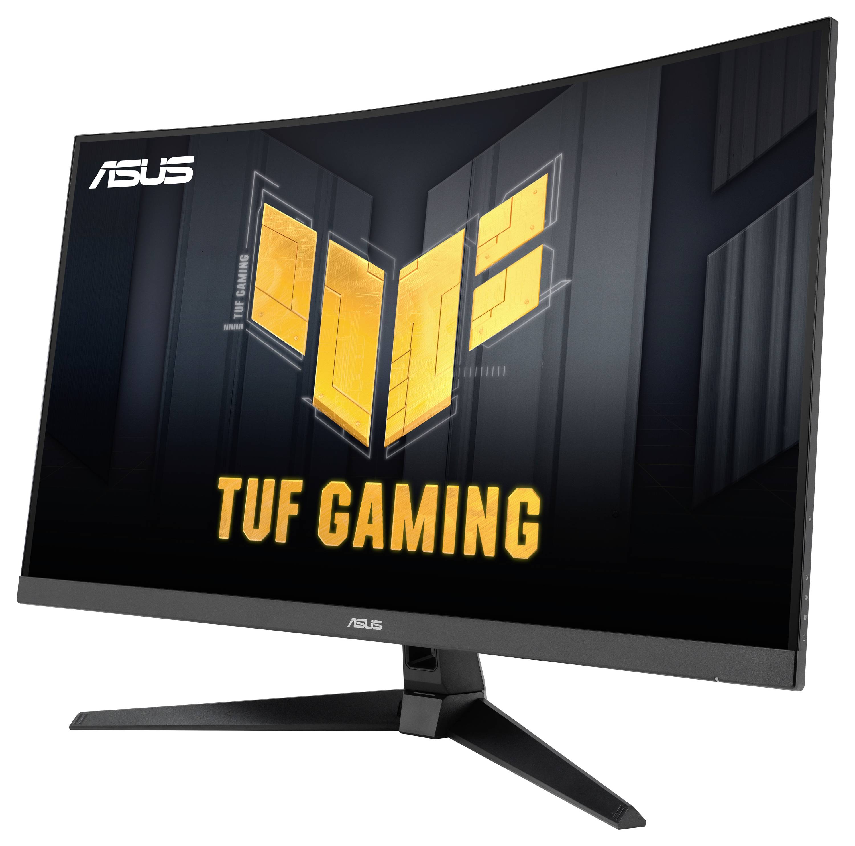 Zakřivený herní monitor ASUS TUF Gaming se stojanem, zobrazující logo značky a oranžovou grafiku na obrazovce, zdůrazňující jeho herní design.