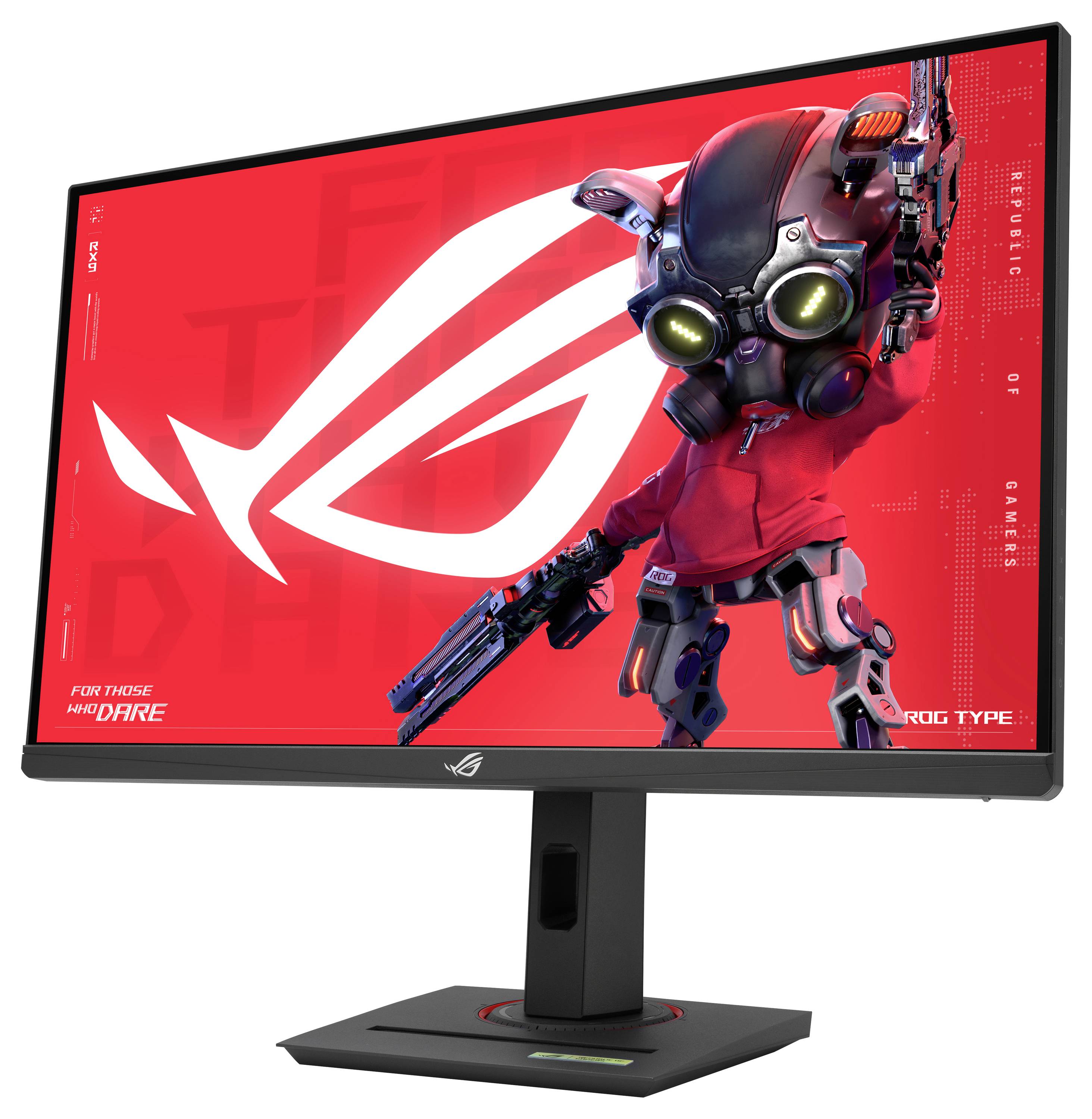 Monitor počítače zobrazující červené pozadí se stylizovanou postavou robota v červené mikině, která drží futuristickou zbraň.