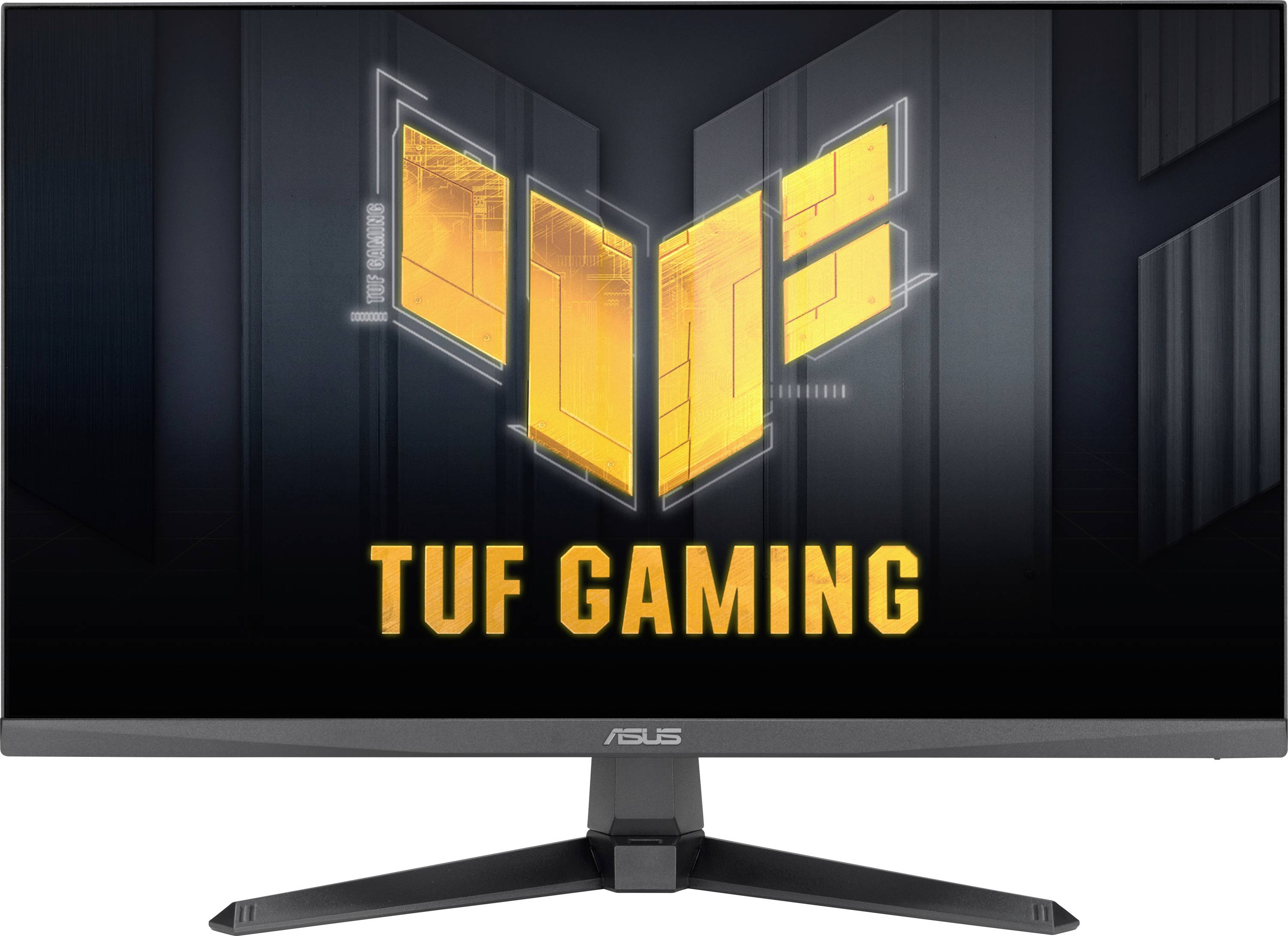 ASUS TUF Gaming monitor se štíhlým designem, s černým rámem a podstavcem, zobrazující logo TUF Gaming se zářivými oranžovými akcenty.
