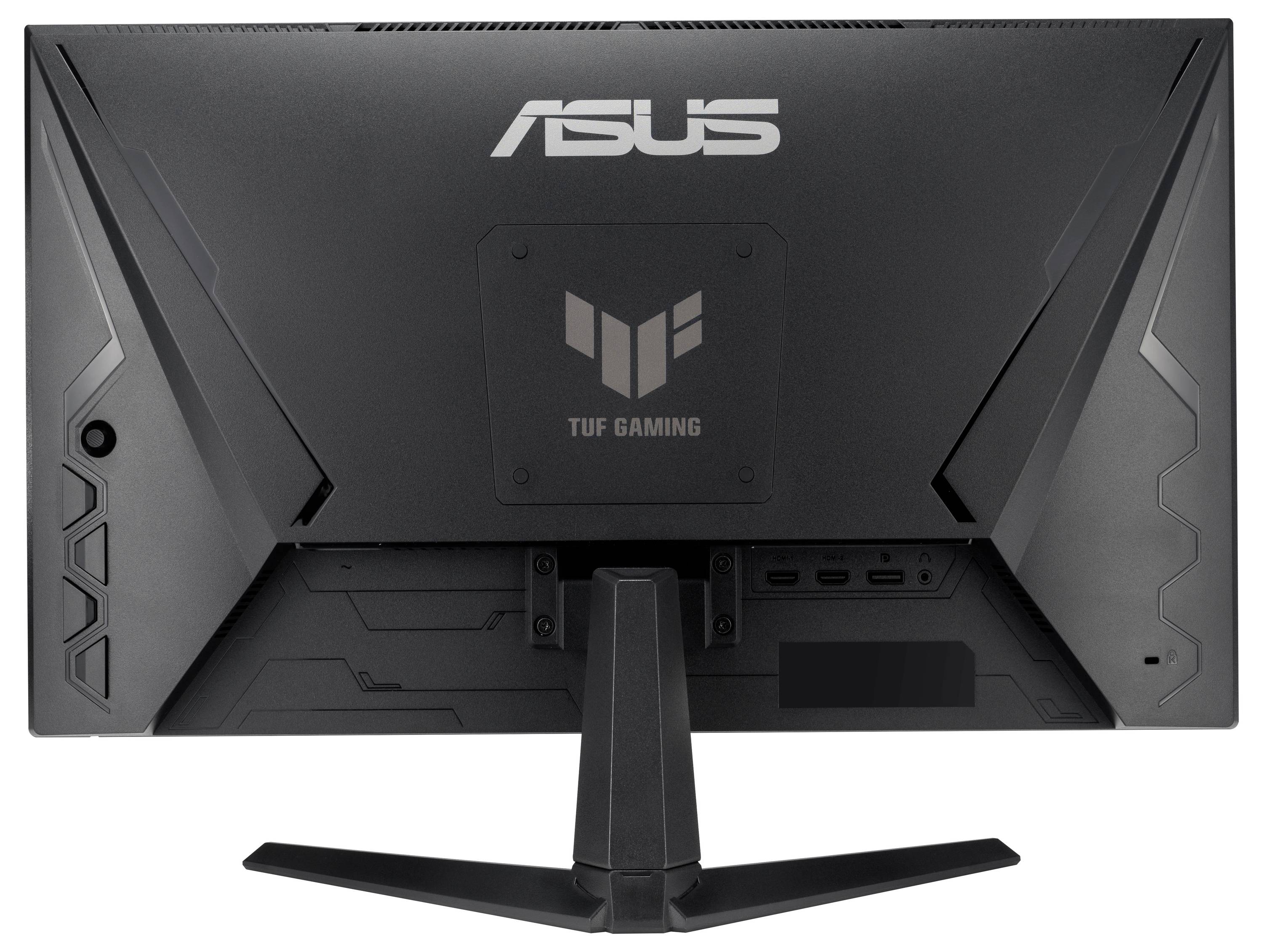 'Zadní pohled na herní monitor ASUS TUF Gaming s úhlovaným designem a porty.'