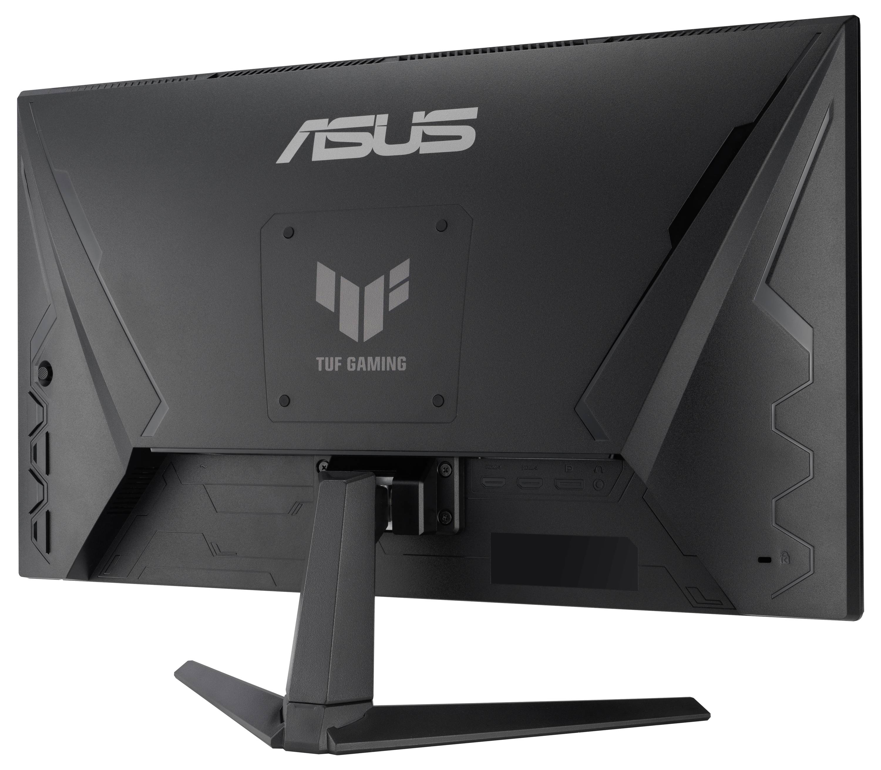 Černý herní monitor ASUS TUF vyfotografovaný zezadu zobrazuje jeho stojan a logo, které ukazují elegantní, ostrý design.