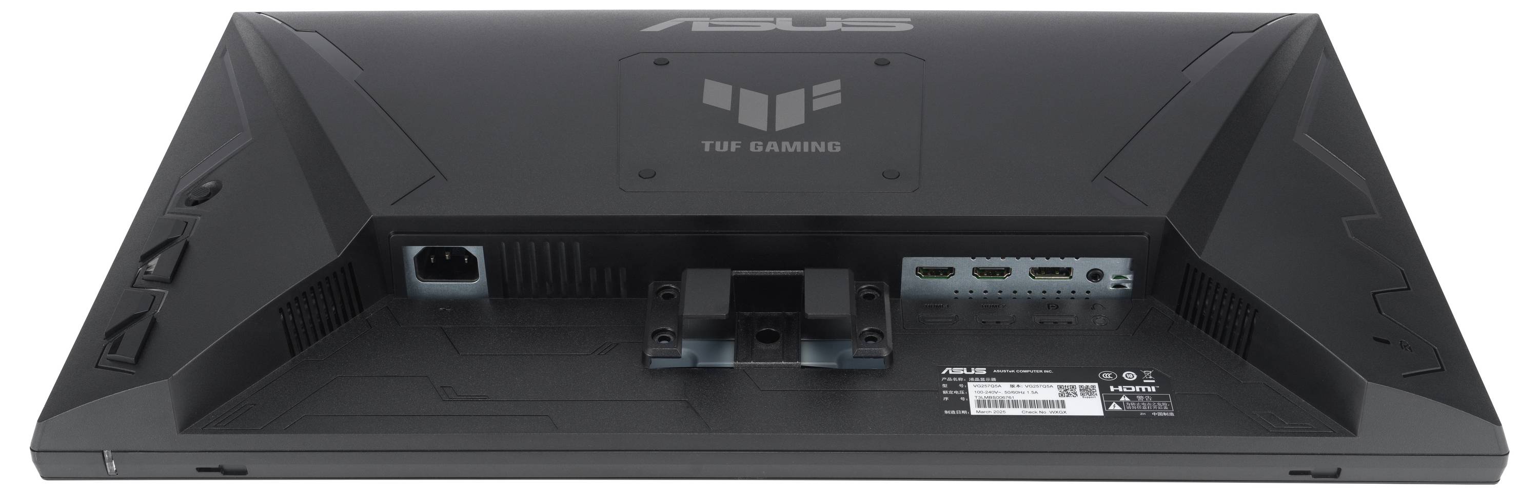 'Zadní pohled na herní monitor TUF Gaming ukazující logo, porty pro připojení včetně HDMI a DisplayPort a vstup napájení.'