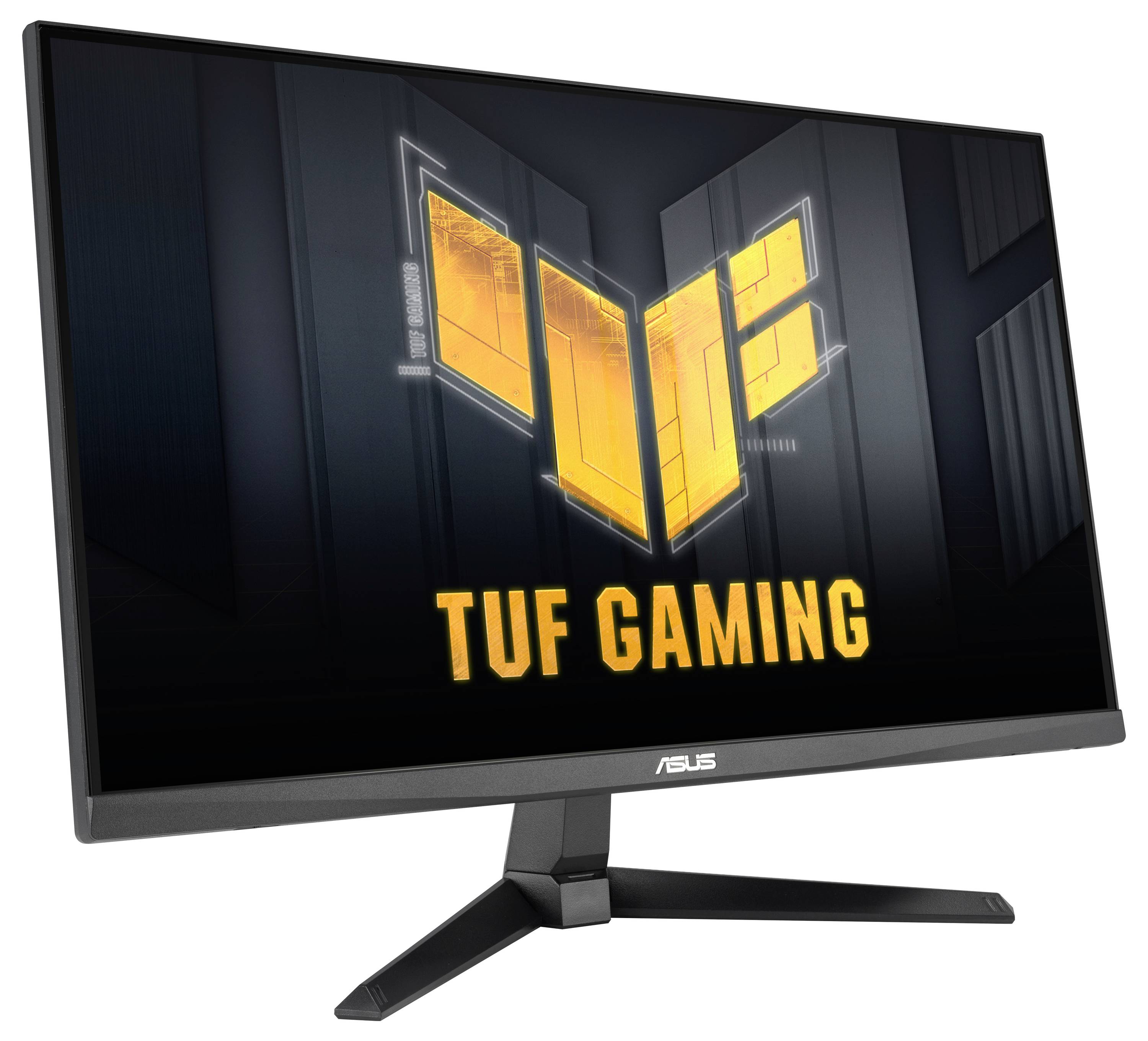Monitor ASUS TUF Gaming zobrazující logo TUF Gaming na obrazovce, s elegantním černým designem a nastavitelným stojanem.
