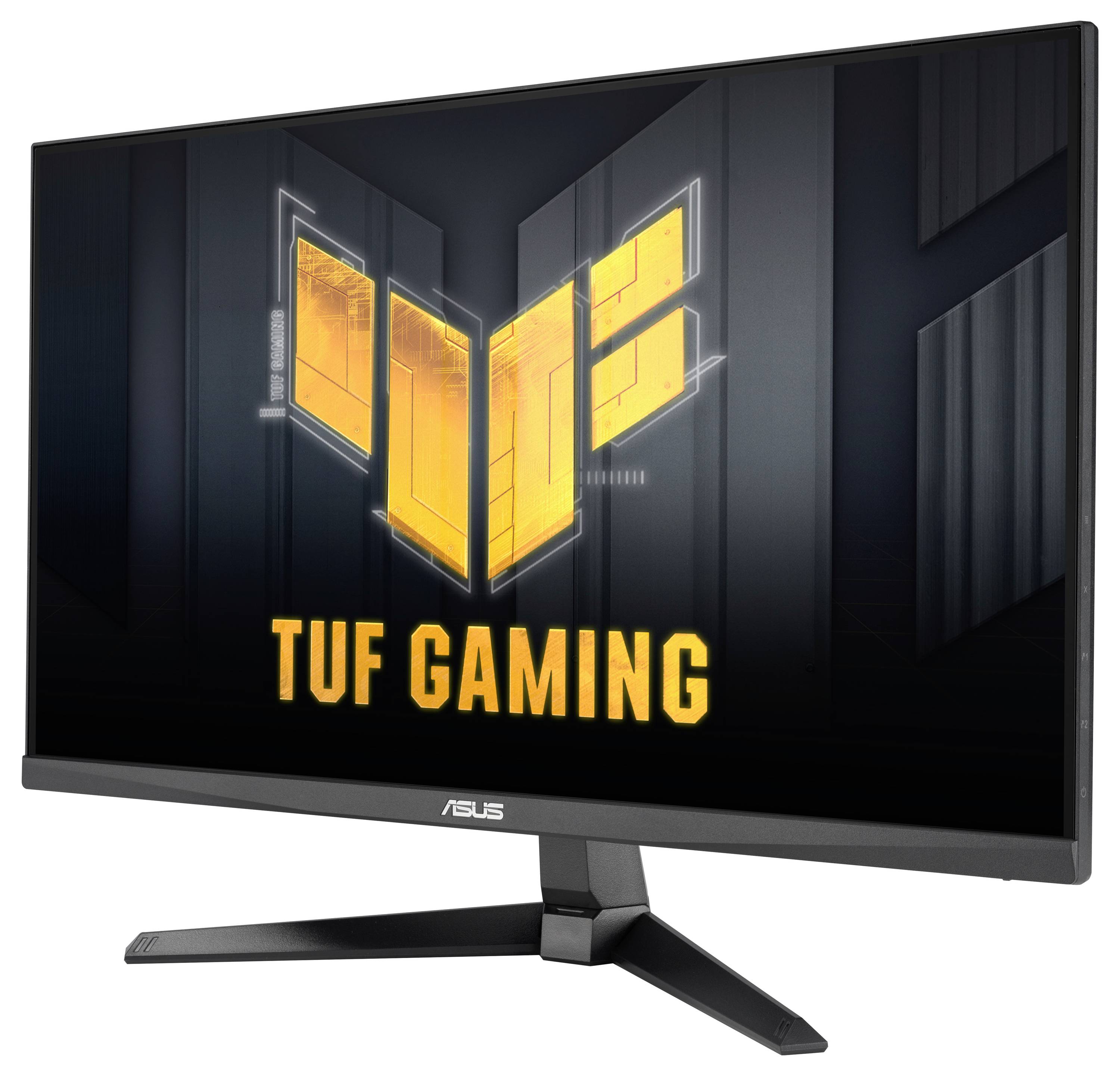 Monitor Asus TUF Gaming s futuristickým logem zobrazujícím tučná, žluté stylizované písmena na elegantním designu, které zdůrazňují výkon.