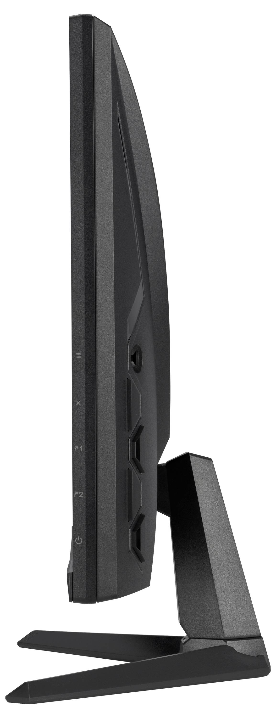 Boční pohled na tenký, černý počítačový monitor se štíhlým, úhlovitým stojanem, který ukazuje jeho tenký profil a moderní design.