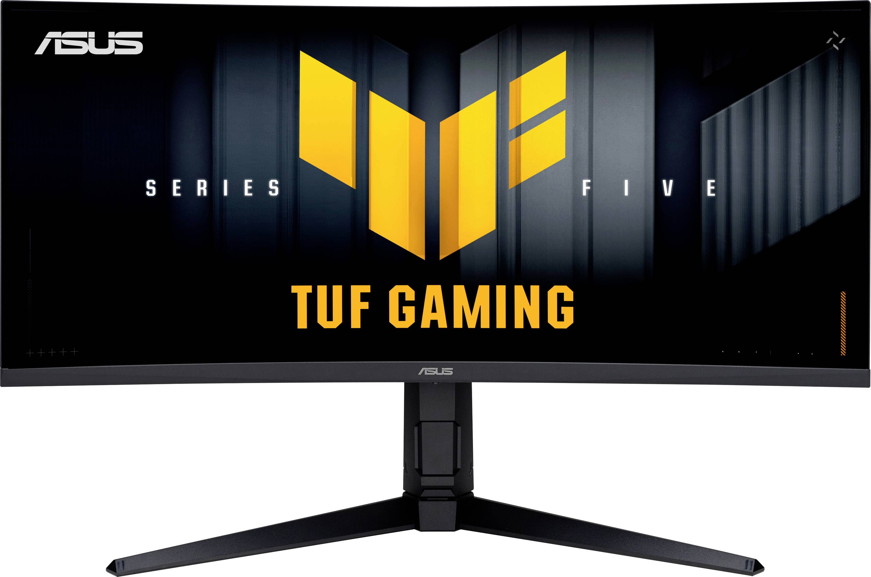 ASUS TUF Gaming Series Pět zakřivený monitor s logem a podstavcem; zobrazený v černooranžovém motivu.