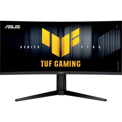 ASUS TUF Gaming Series Pět zakřivený monitor s logem a podstavcem; zobrazený v černooranžovém motivu.