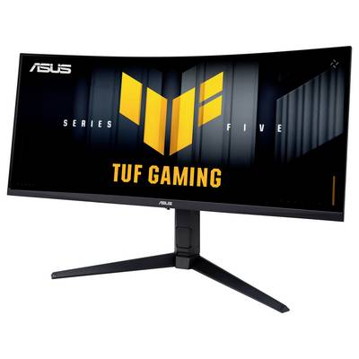 Zakřivený herní monitor s logem "ASUS TUF Gaming" na obrazovce. Má širký černý rám a robustný, nastavitelný stojan.