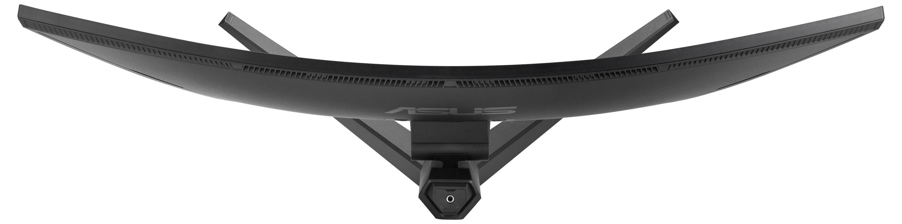 Zakřivený ultraširoký monitor pohledaný zezadu, ukazující elegantní design a robustní stojan.