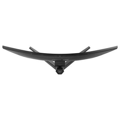 Zakřivený ultraširoký monitor pohledaný zezadu, ukazující elegantní design a robustní stojan.