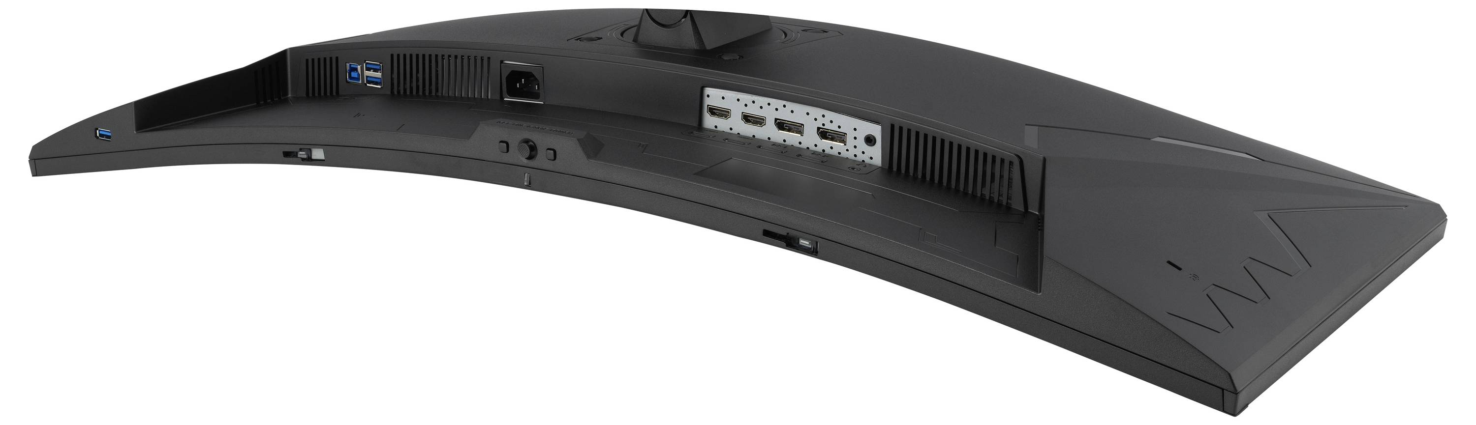 Zadní pohled na zakřivený monitor zobrazující porty na zadní straně, včetně připojení HDMI a USB, ilustrující možnosti připojení.