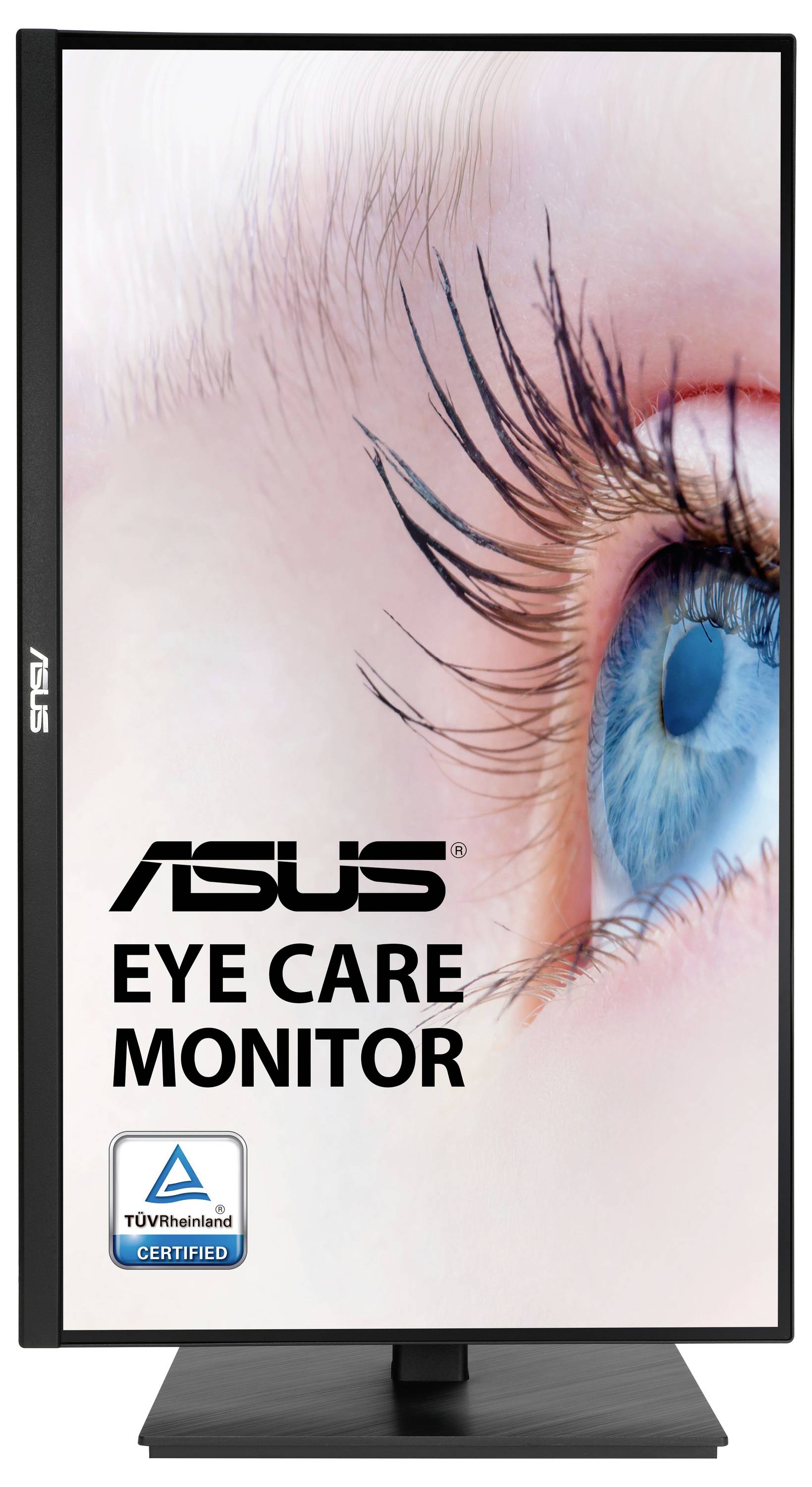 'Monitor ASUS Eye Care' zobrazující obrázek oka, certifikovaný TÜV Rheinland pro nízkou modrou barvu.