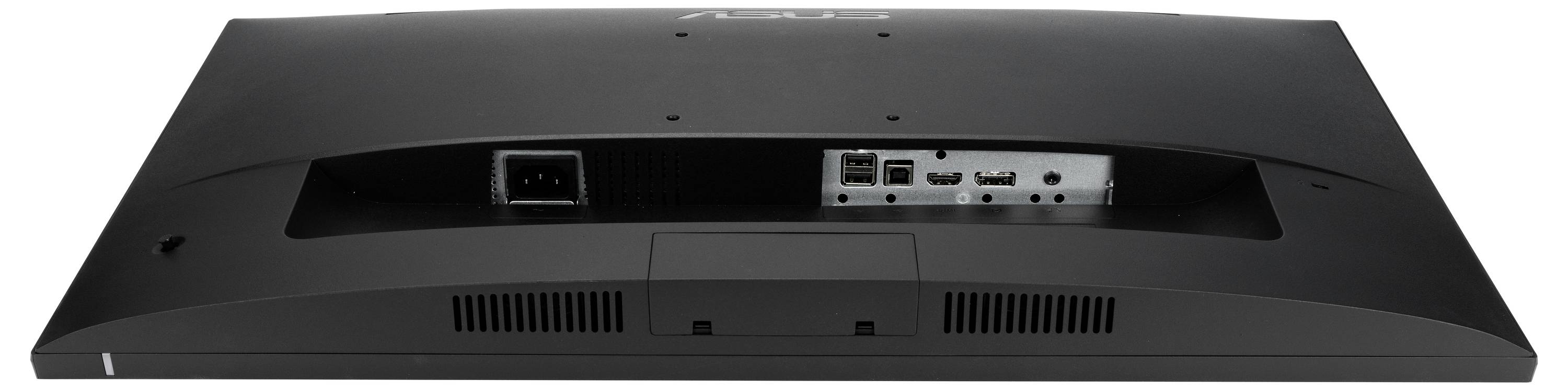 Pohled zezadu na počítačový monitor ukazující napájecí vstup, USB, HDMI a DisplayPort konektory v přístupné zapuštěné oblasti.