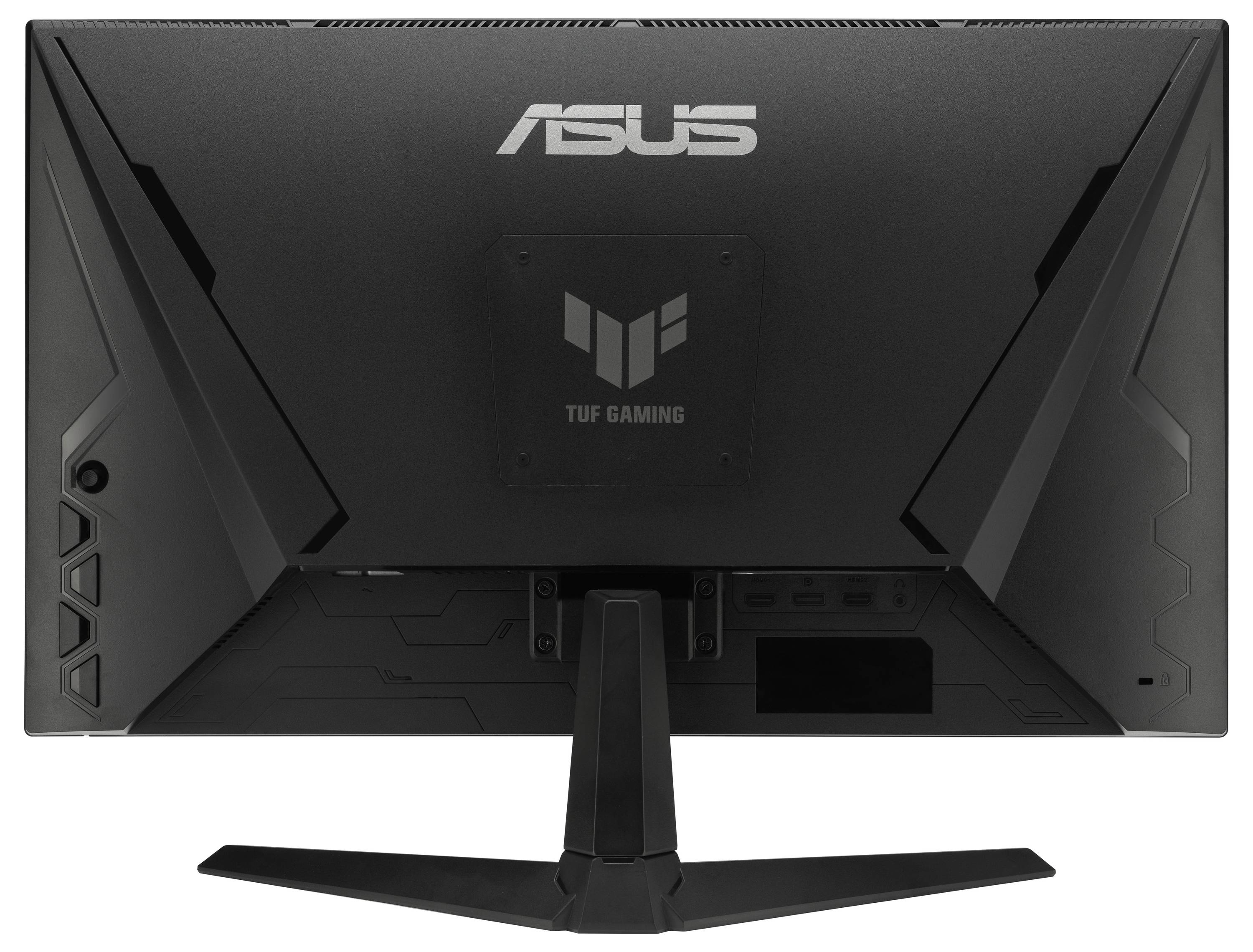 Černý herní monitor ASUS TUF zobrazený zezadu, který vykazuje výrazný úhlový design a logo značky uprostřed.