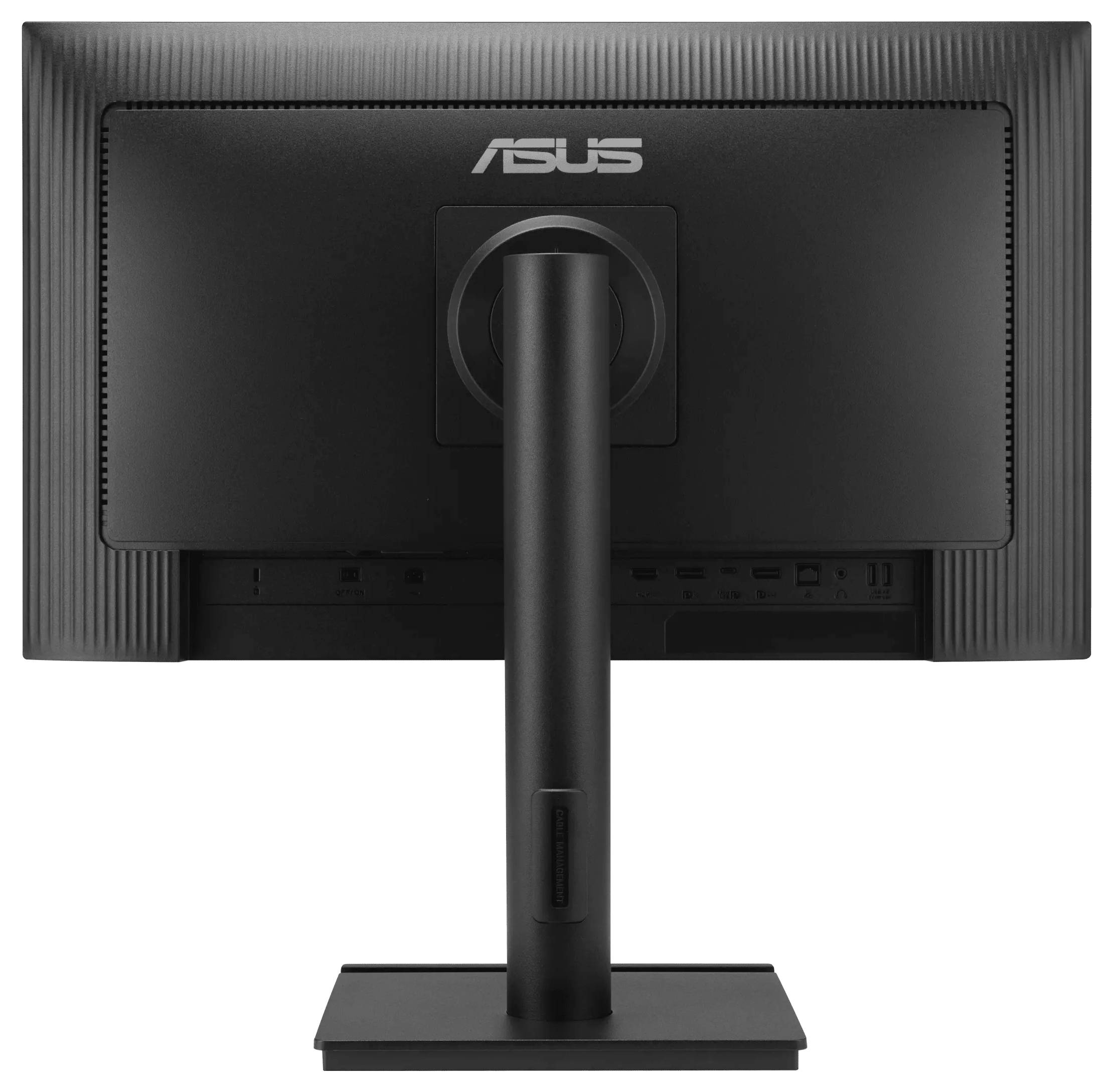 Zadní pohled na počítačový monitor ASUS ukazující stojan, porty a kryt monitoru s logem ASUS.