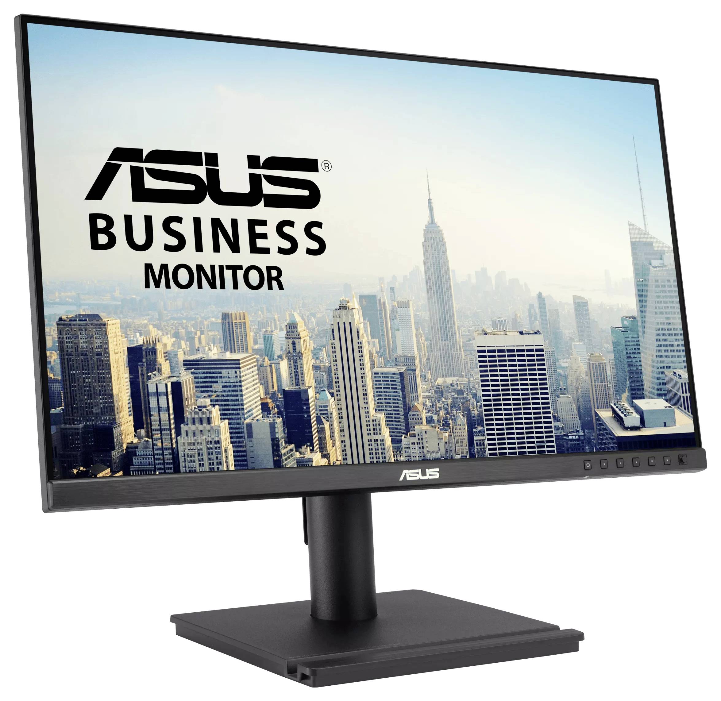 Počítačový monitor zobrazující městskou siluetu s textem "ASUS Business Monitor". Horizont včetně mrakodrapů pod čistou oblohou.